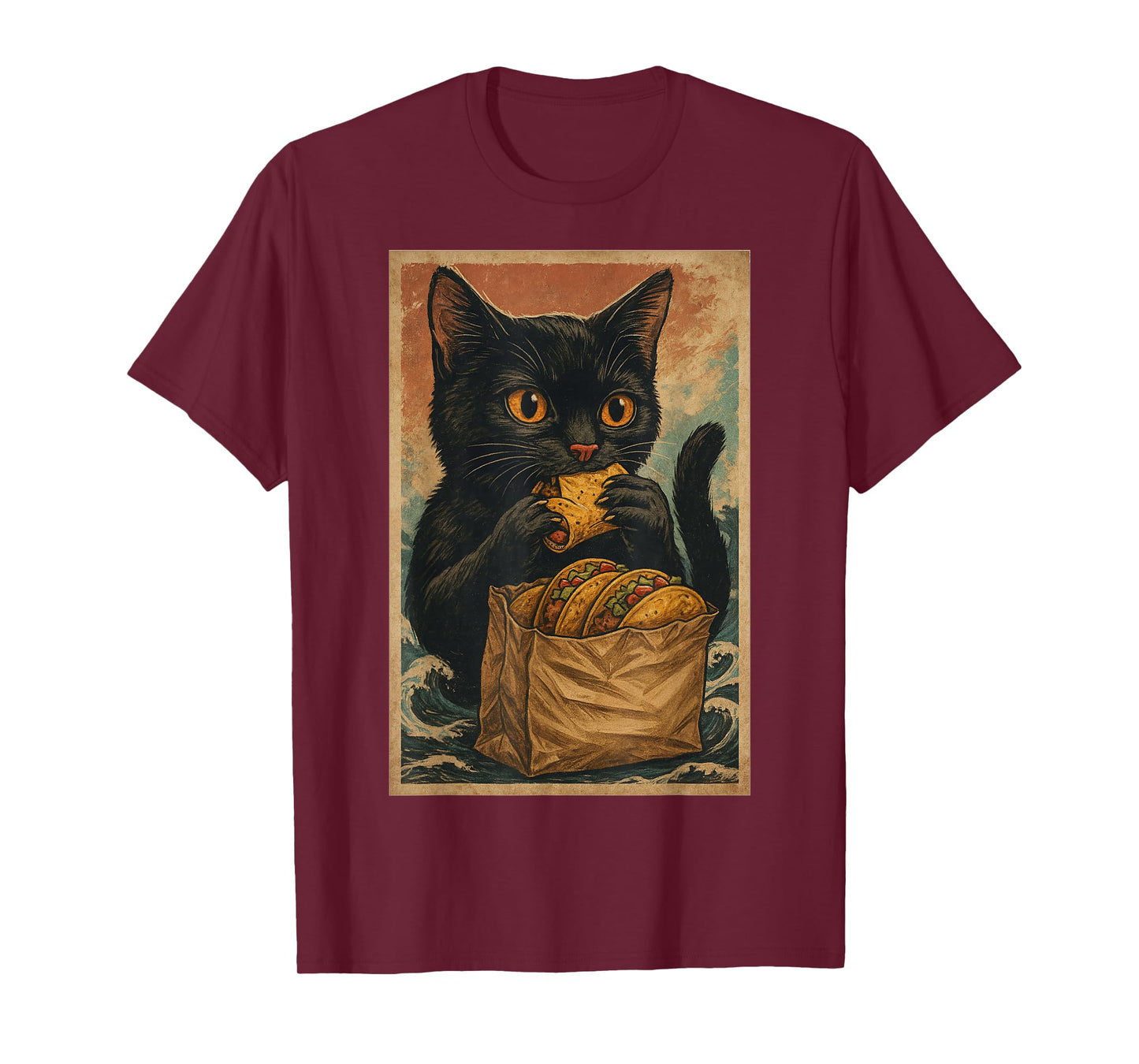 Funny Black Cat Eating Tacos Retro Japanese T-Shirt