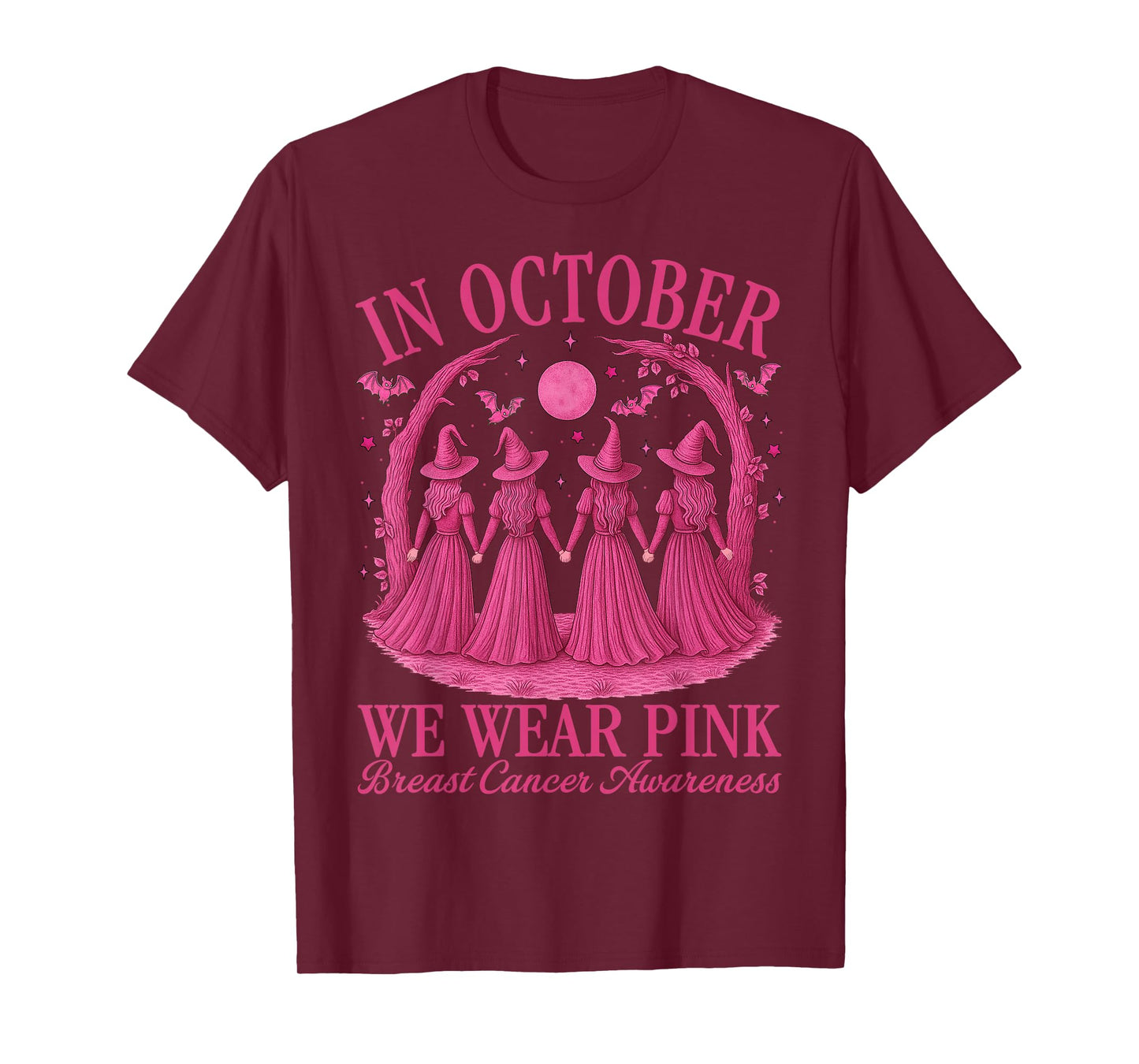in October We Wear Pink Halloween Pink Witch Breast Cancer T-Shirt