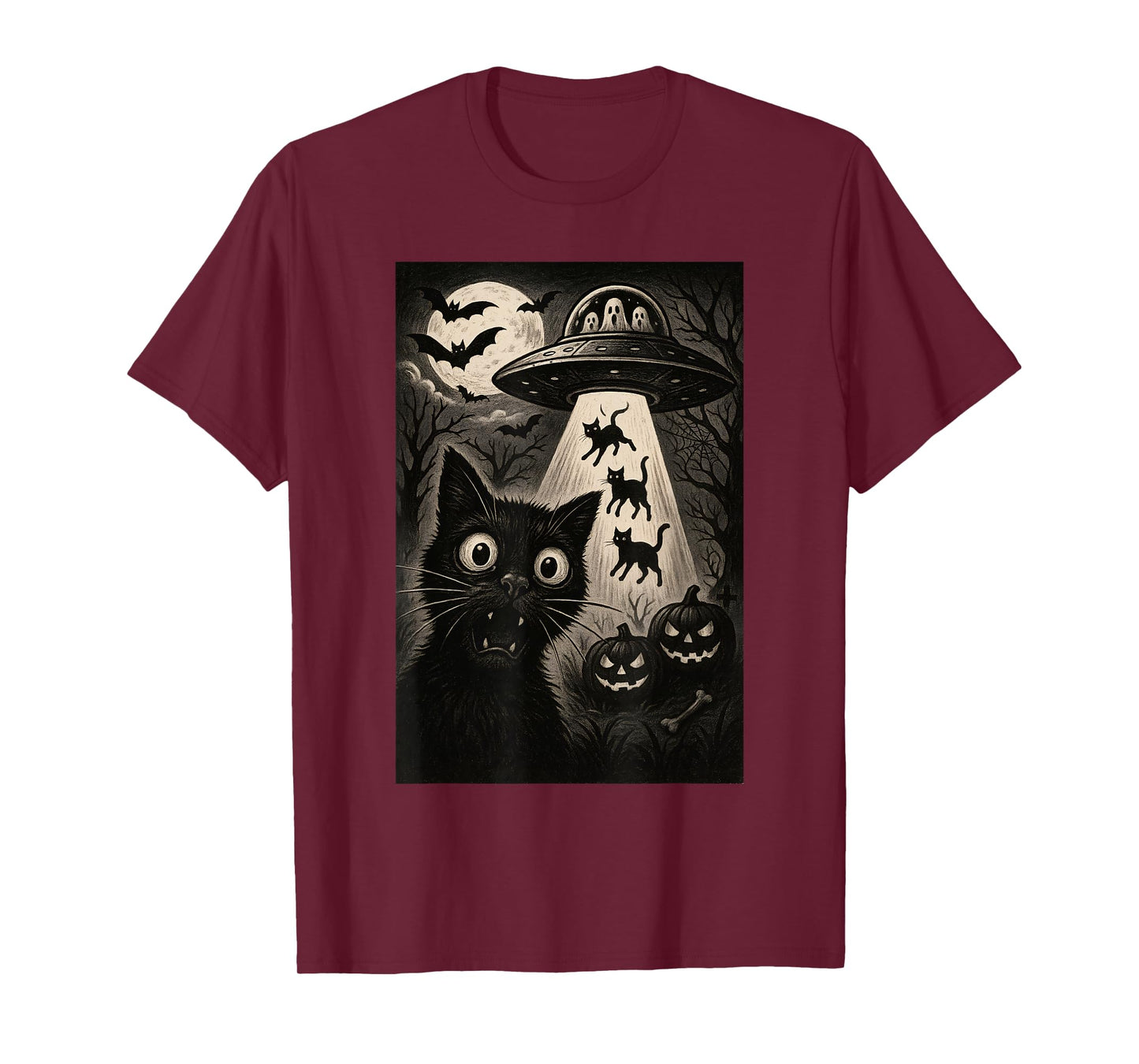 Halloween Cat Selfie Spooky Night Alien Abduction Cats UFO T-Shirt
