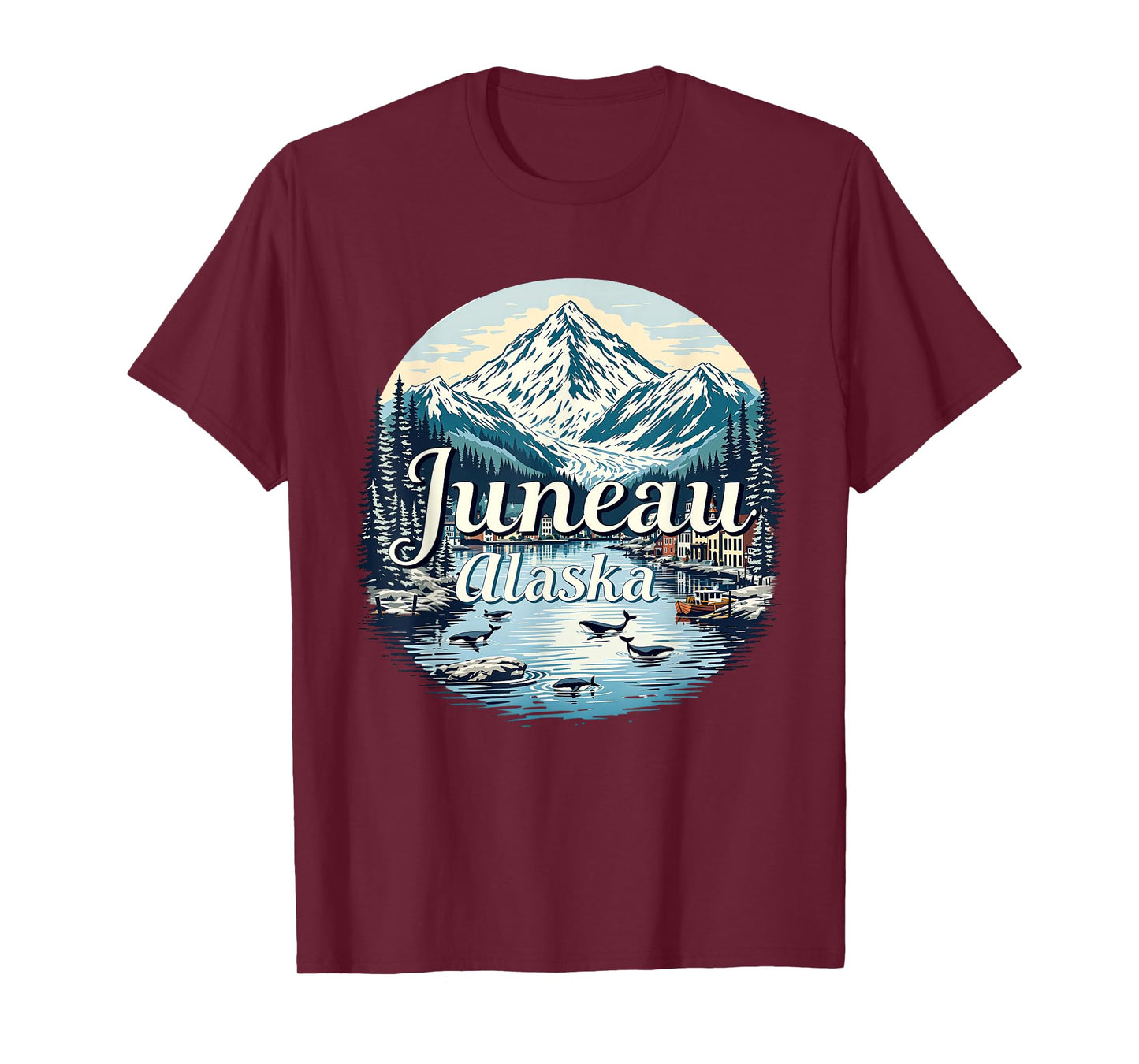 Vintage Juneau Alaska Sunset Skyline Mountains Cityscape T-Shirt