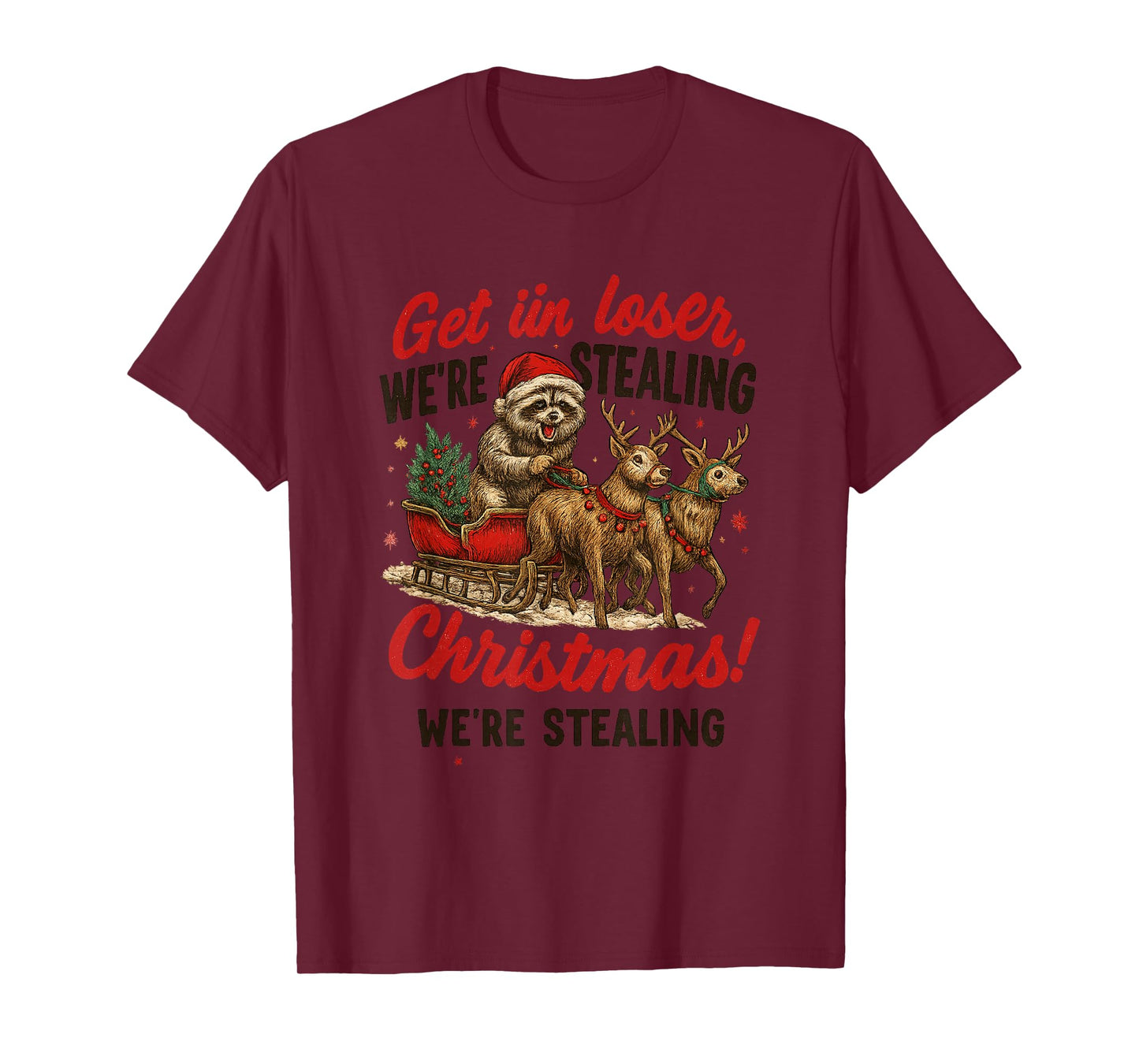 Funny Raccoon Sleigh Ride Christmas Meme Design T-Shirt