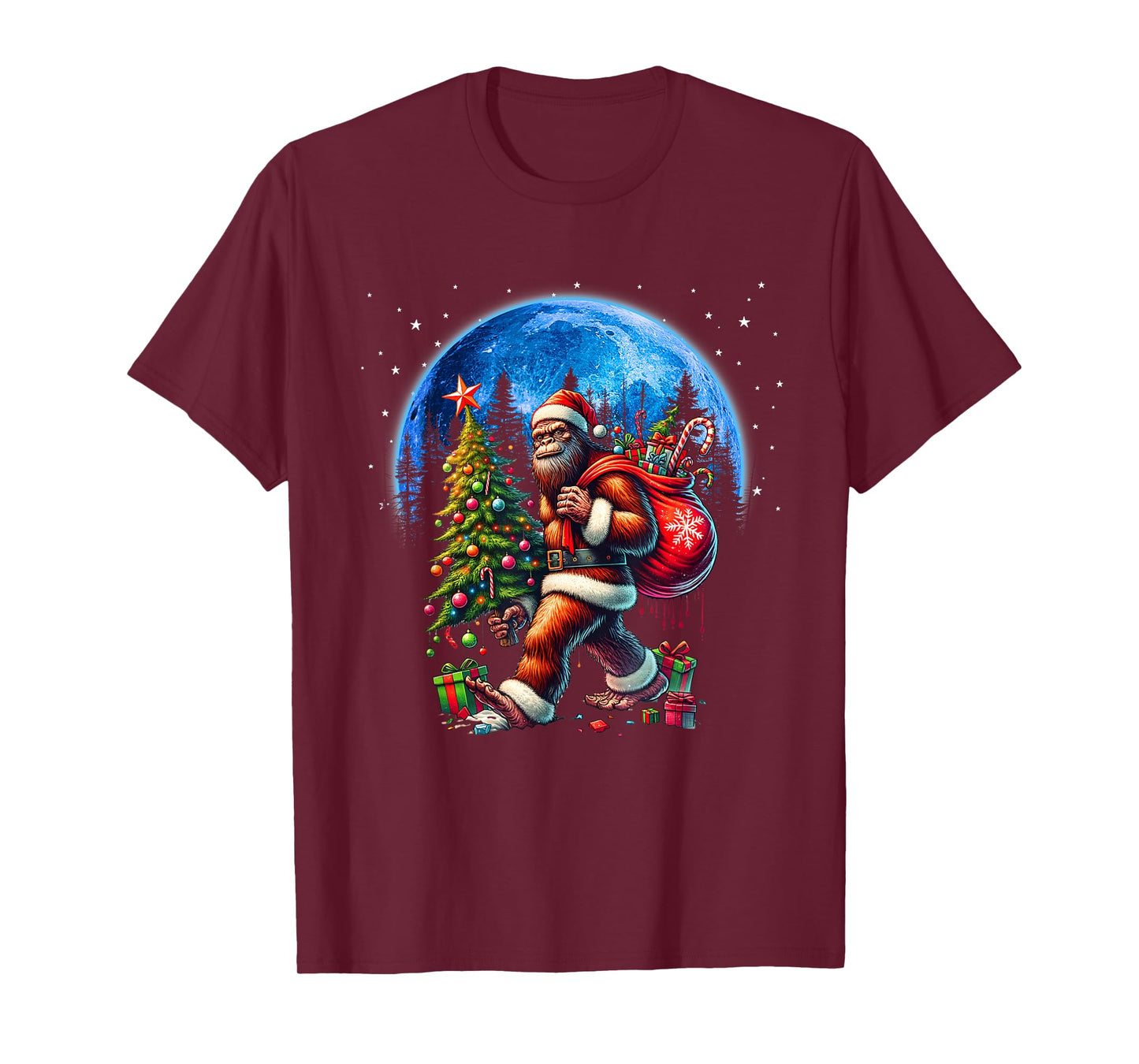 Funny Bigfoot Christmas Tree Xmas Santa Hat Lights Men Boys T-Shirt