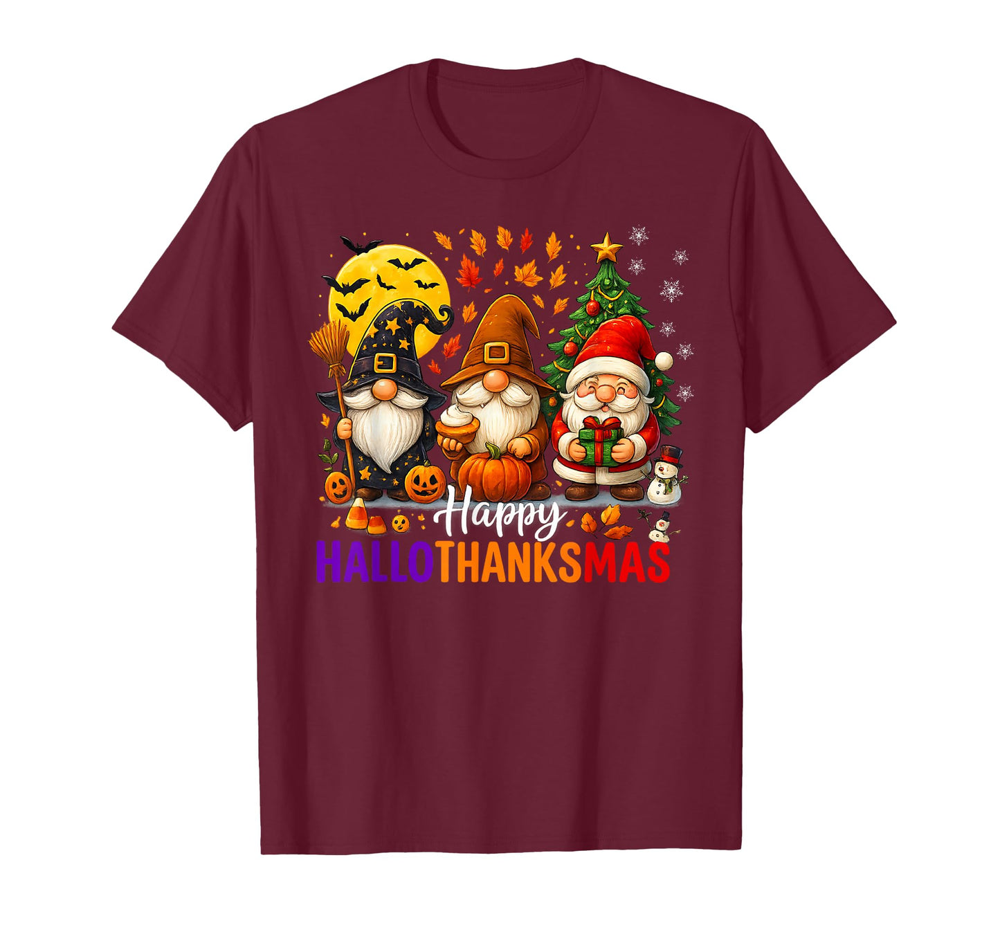 Happy Hallothanksmas Gnomes Lover Halloween Merry Christmas T-Shirt