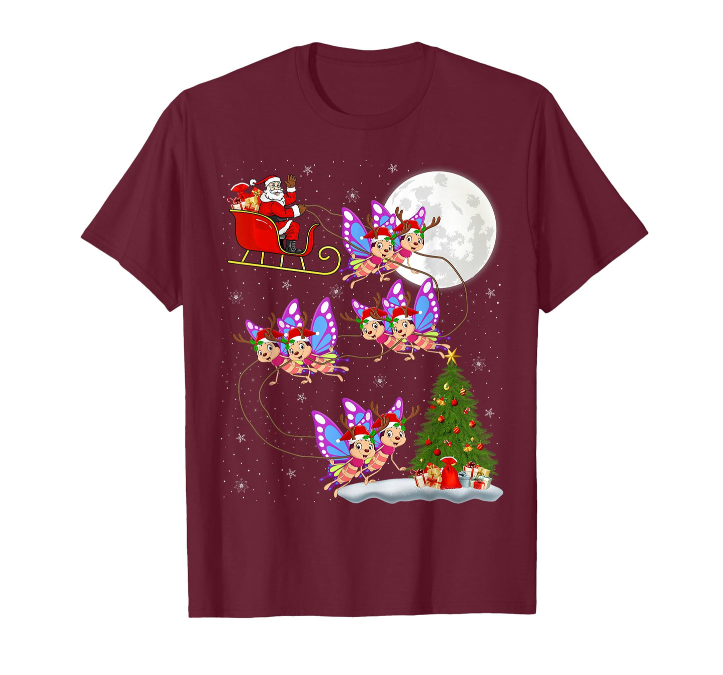 Butterfly Santa Sleigh Flying Funny Magical Christmas Girls T-Shirt
