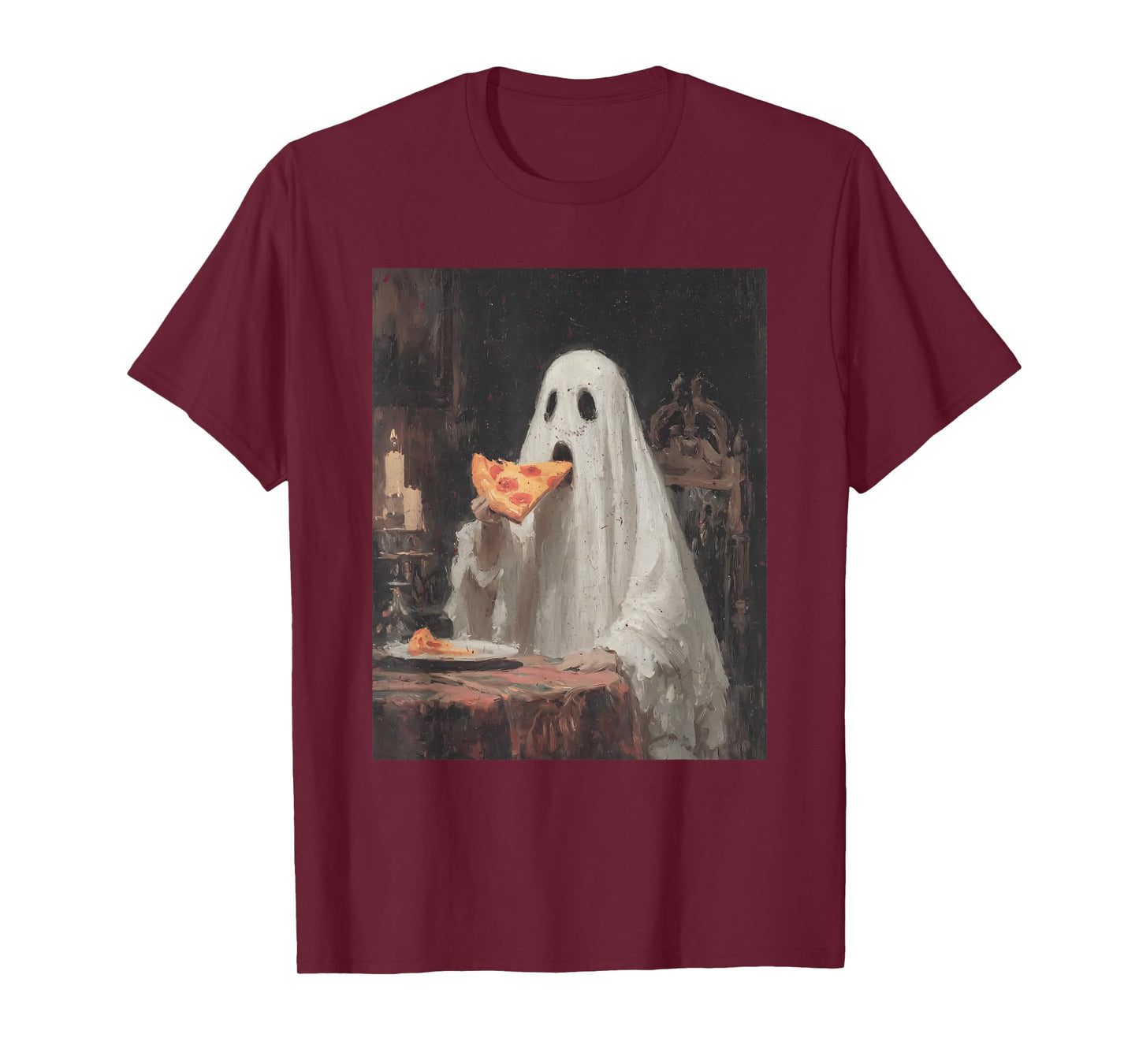 Funny Ghost Eating Pizza Retro Halloween Spooky Season T-Shirt