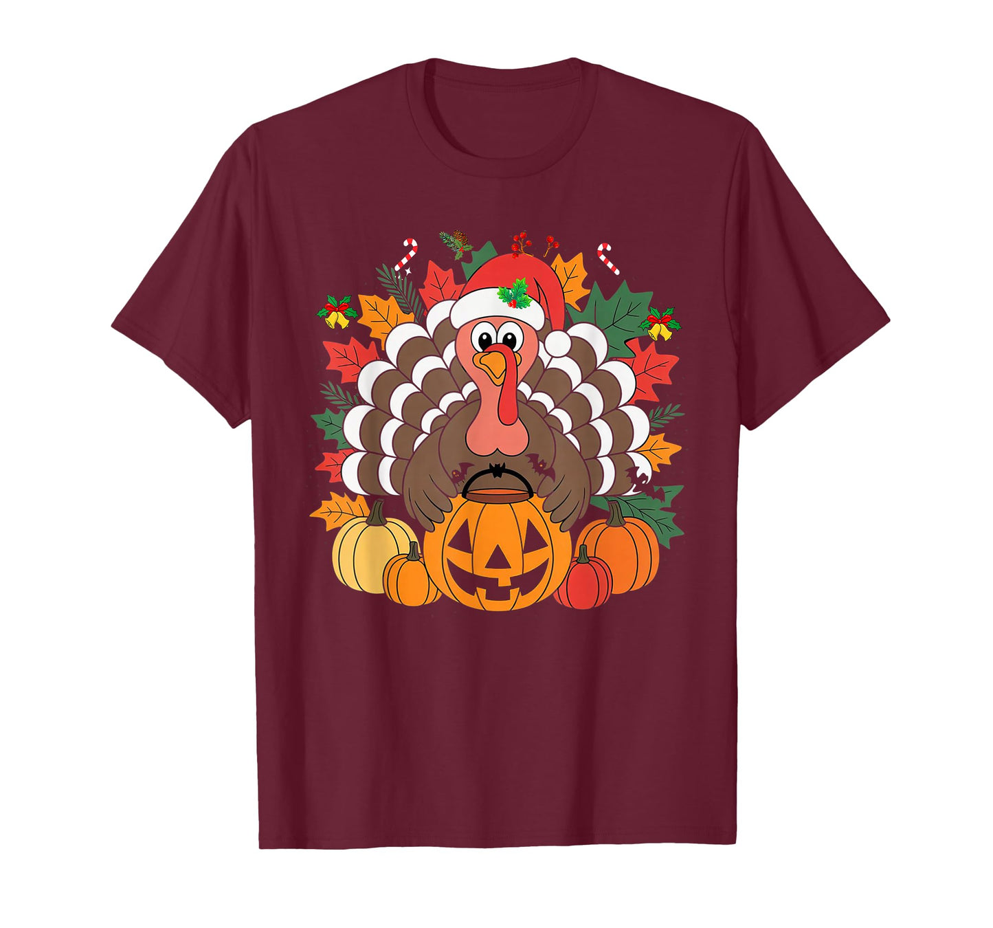Funny HalloThanksMas Happy Thanksgiving Santa Turkey T-Shirt