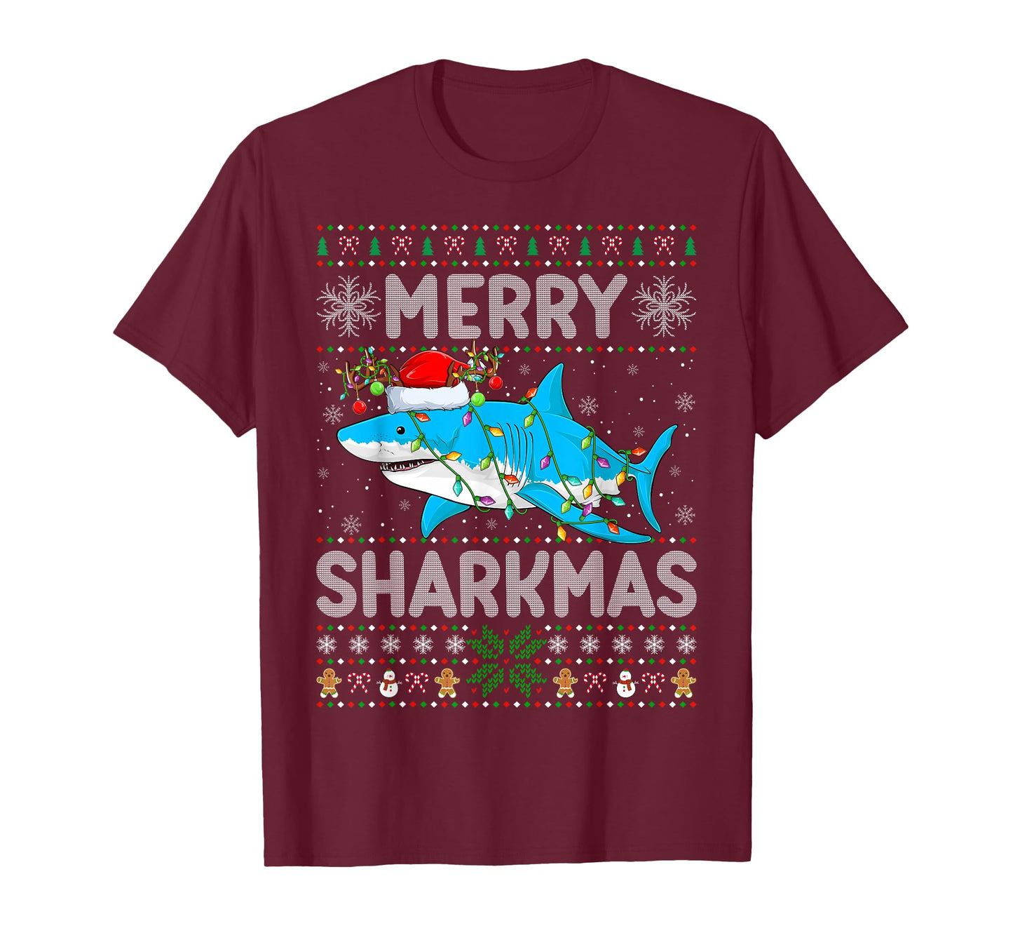 Shark Christmas Lights Ugly Sweater Style Shark Xmas Pajamas T-Shirt
