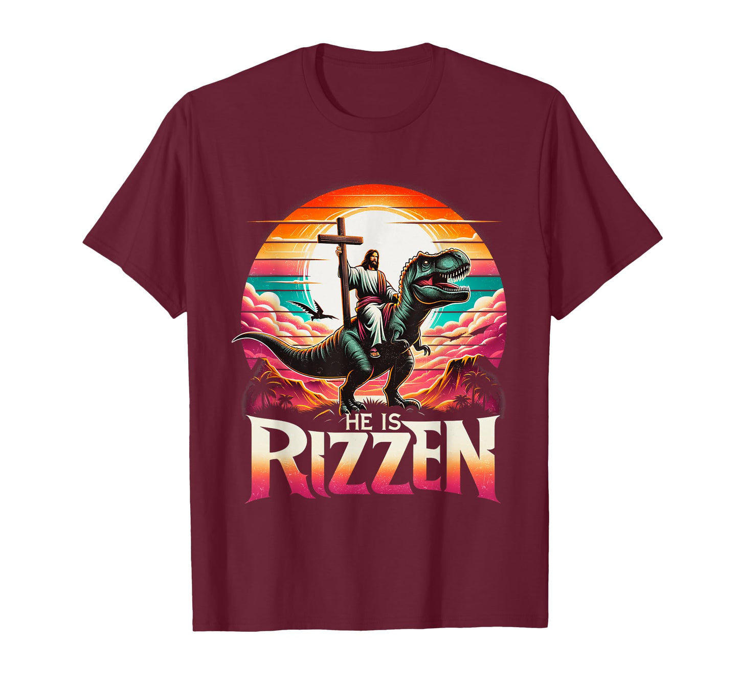 He Is Rizzen Jesus Has Rizzen Retro Christian Dinosaur T-Shirt