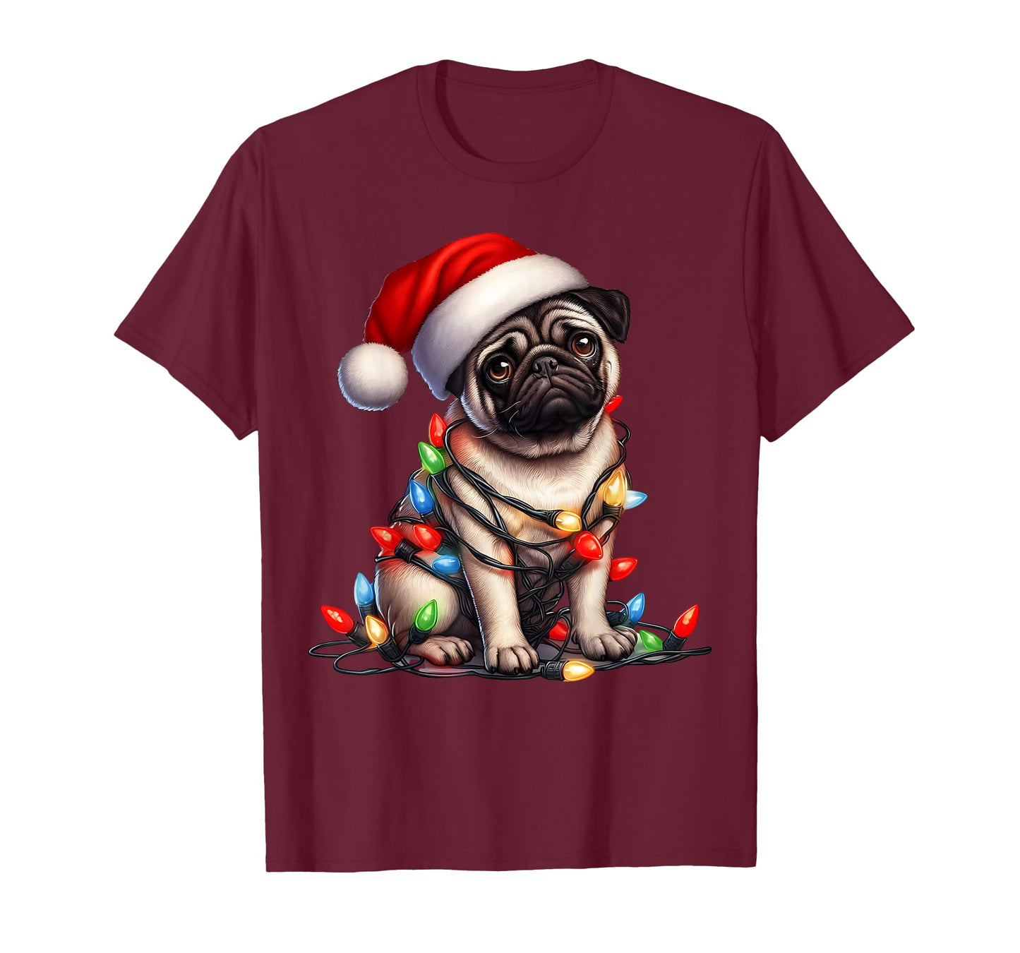 Pug Dog Christmas Lights Santa Hat Dog Lover T-Shirt
