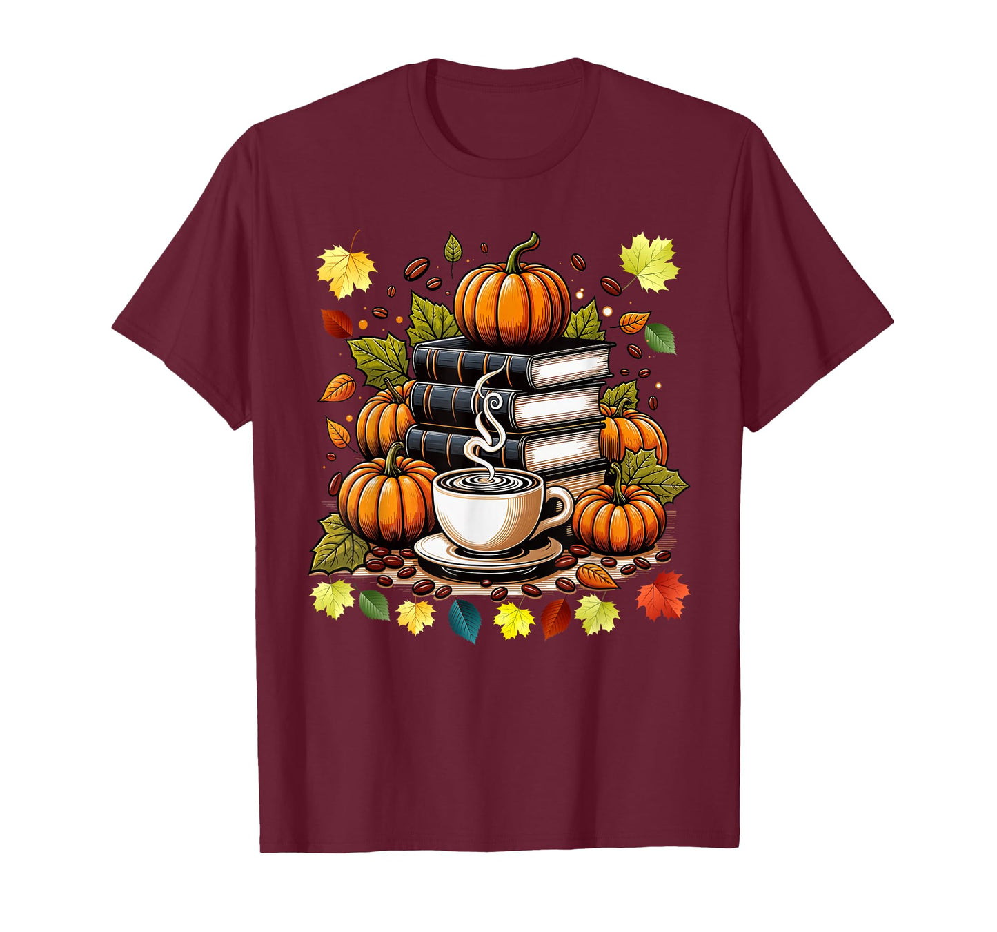 Books Coffee Fall Leaves and Pumpkins Vintage Library T-Shirt