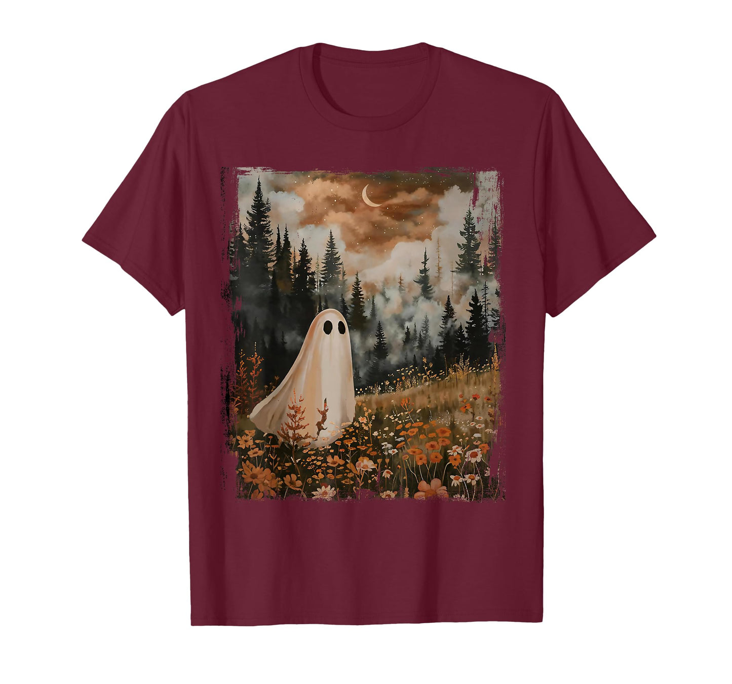 Spooky Season Halloween Ghost In The Flower Forest Vintage T-Shirt