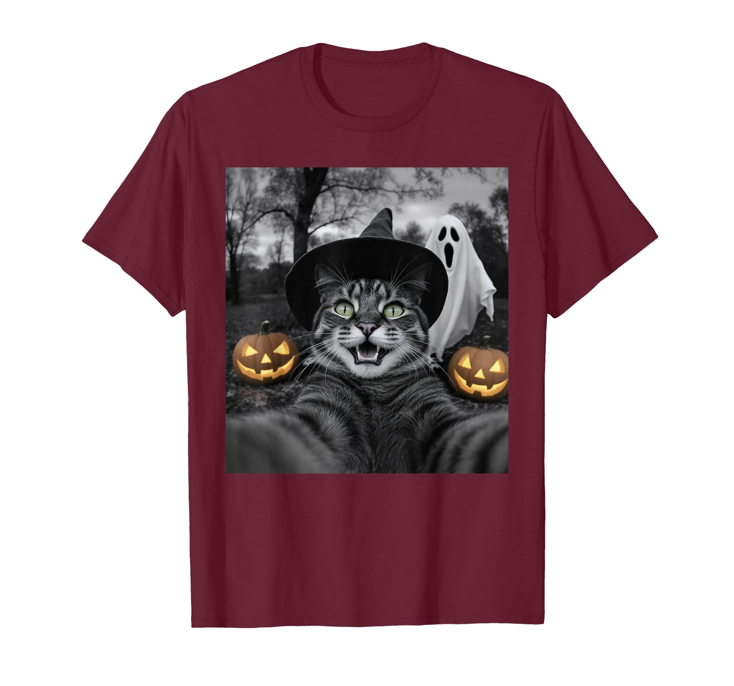 Funny Cat Selfie with a Witch & Ghost Scary Halloween T-Shirt