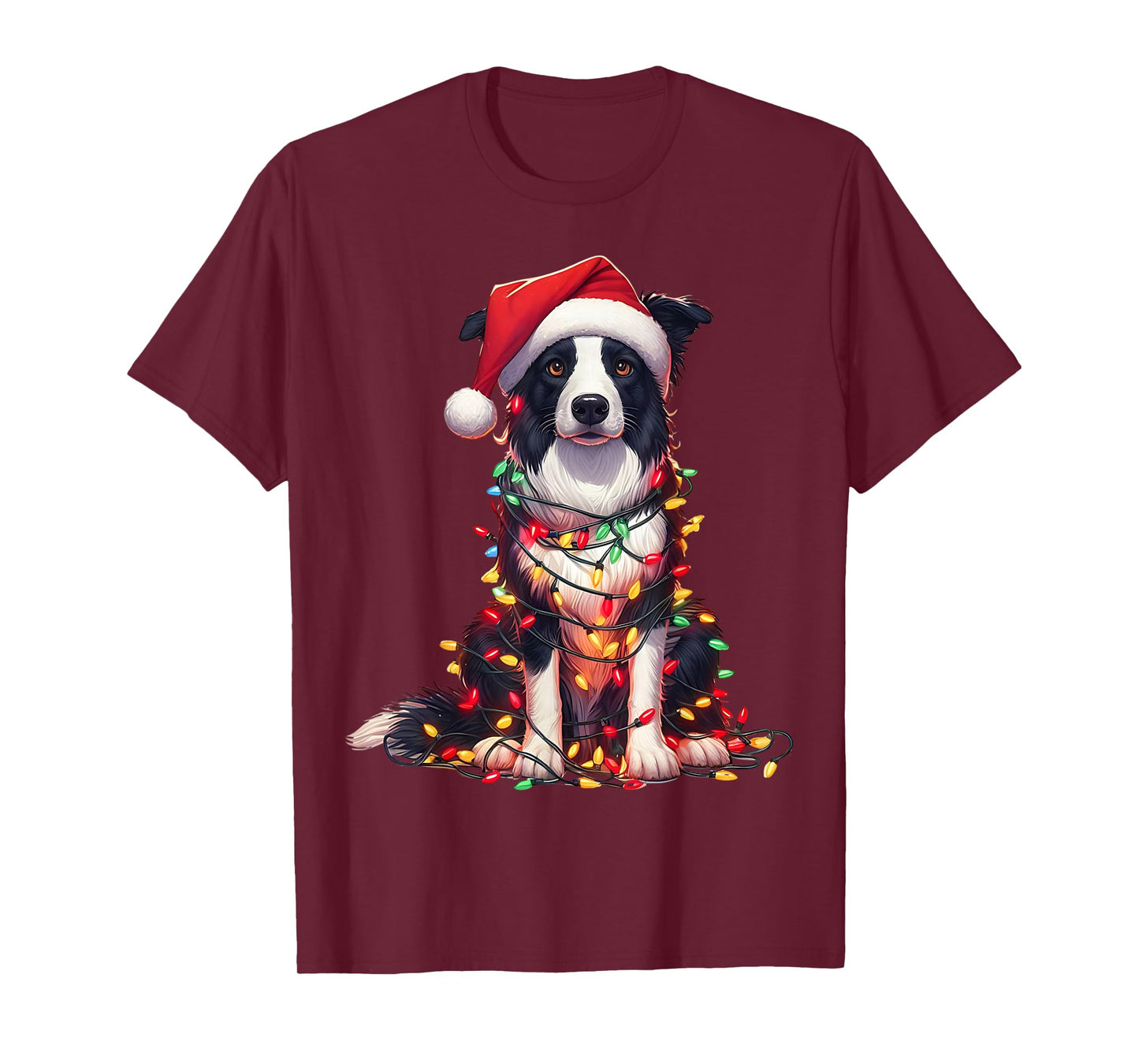 Border Collie Dog Christmas Lights Santa Hat Dog Lover T-Shirt