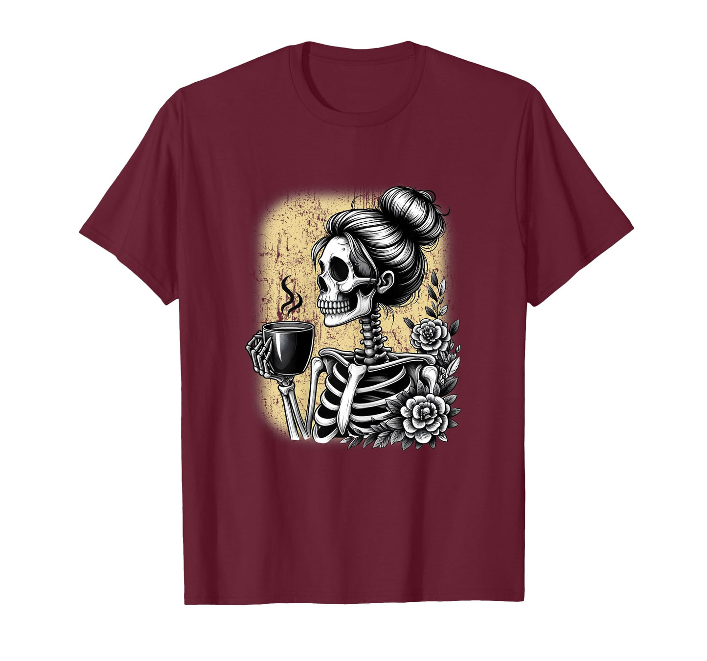Messy Bun Skeleton Drinking Coffee Vintage Halloween Funny T-Shirt