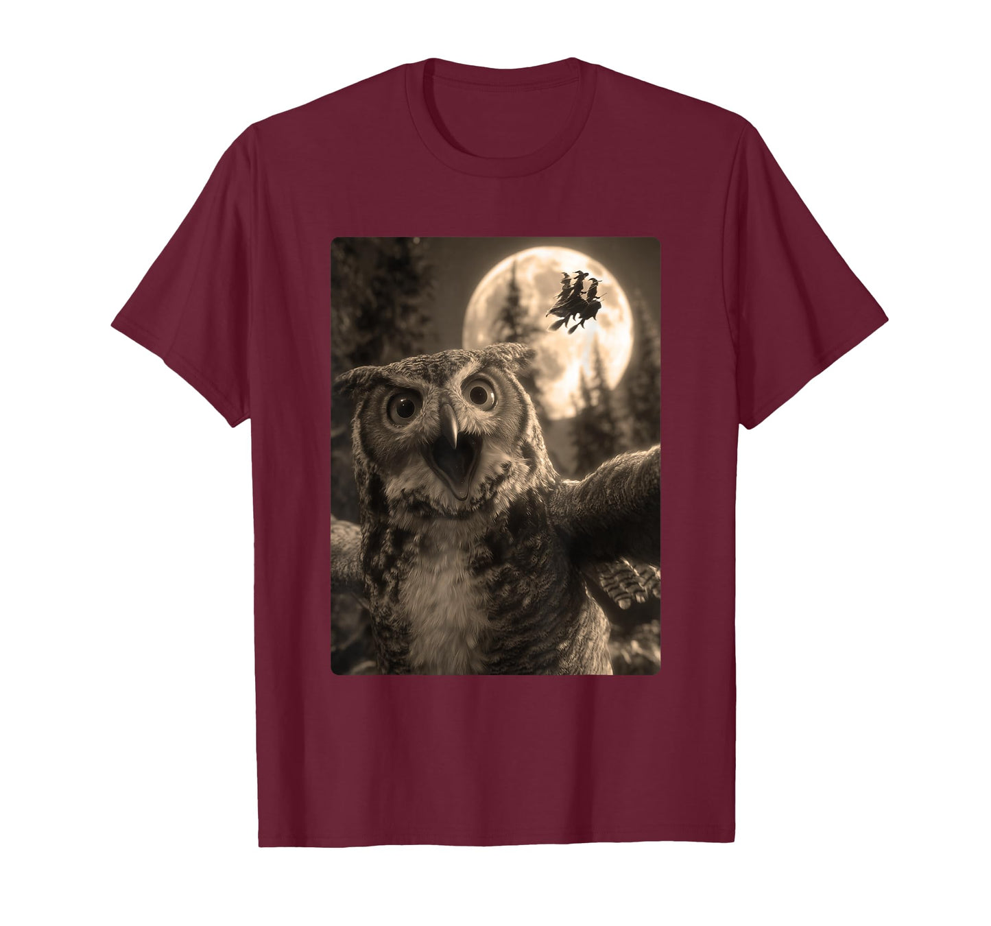 Funny Owl Selfie Full Moon Flying Witches Forest Halloween T-Shirt