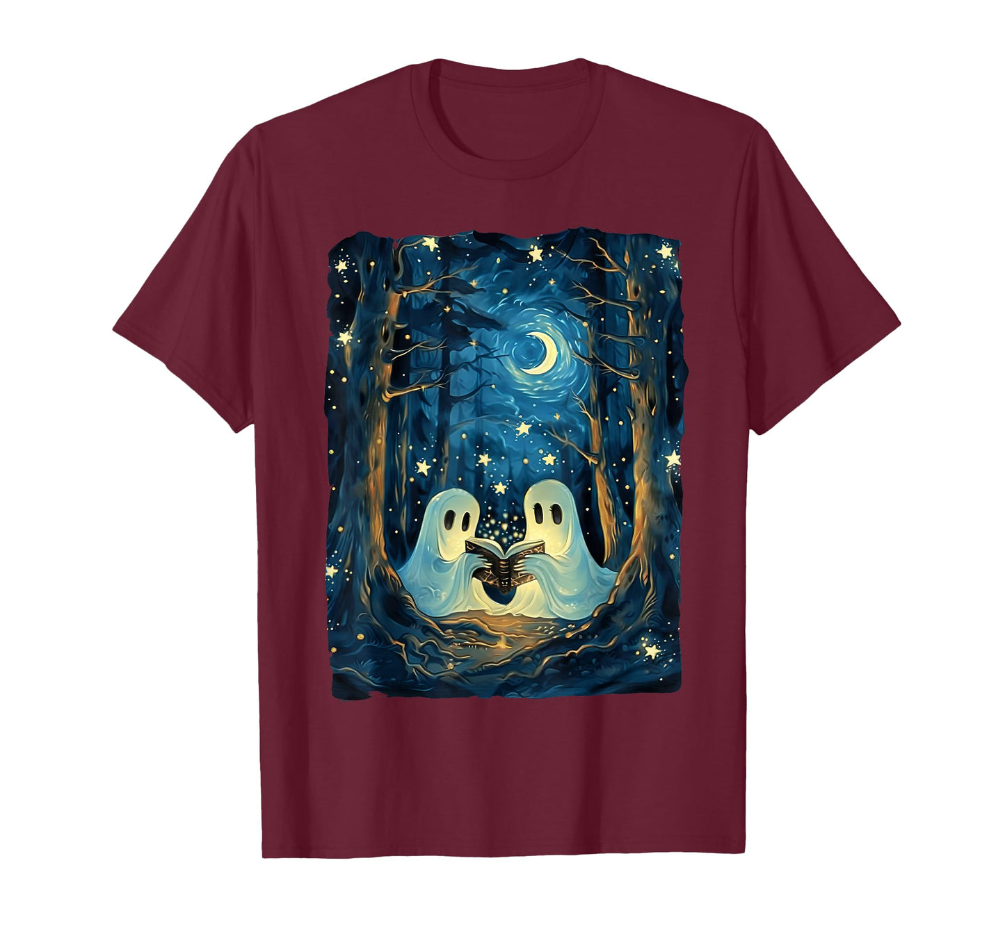 Starry Night Ghost Book Reading Camping Halloween Van Gogh T-Shirt