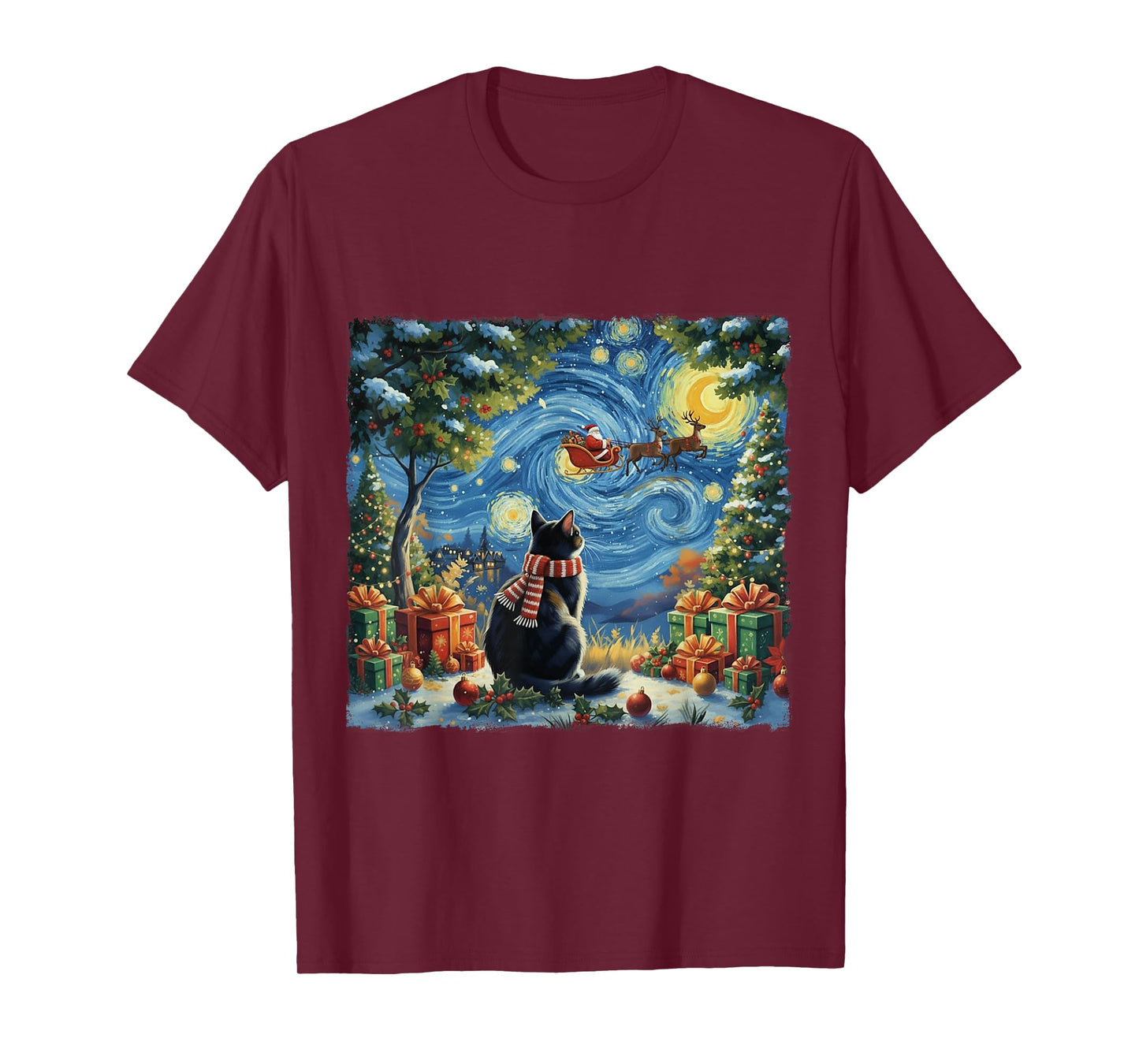 Christmas Cat Starry Night Holiday Van Gogh Xmas Santa Gifts T-Shirt