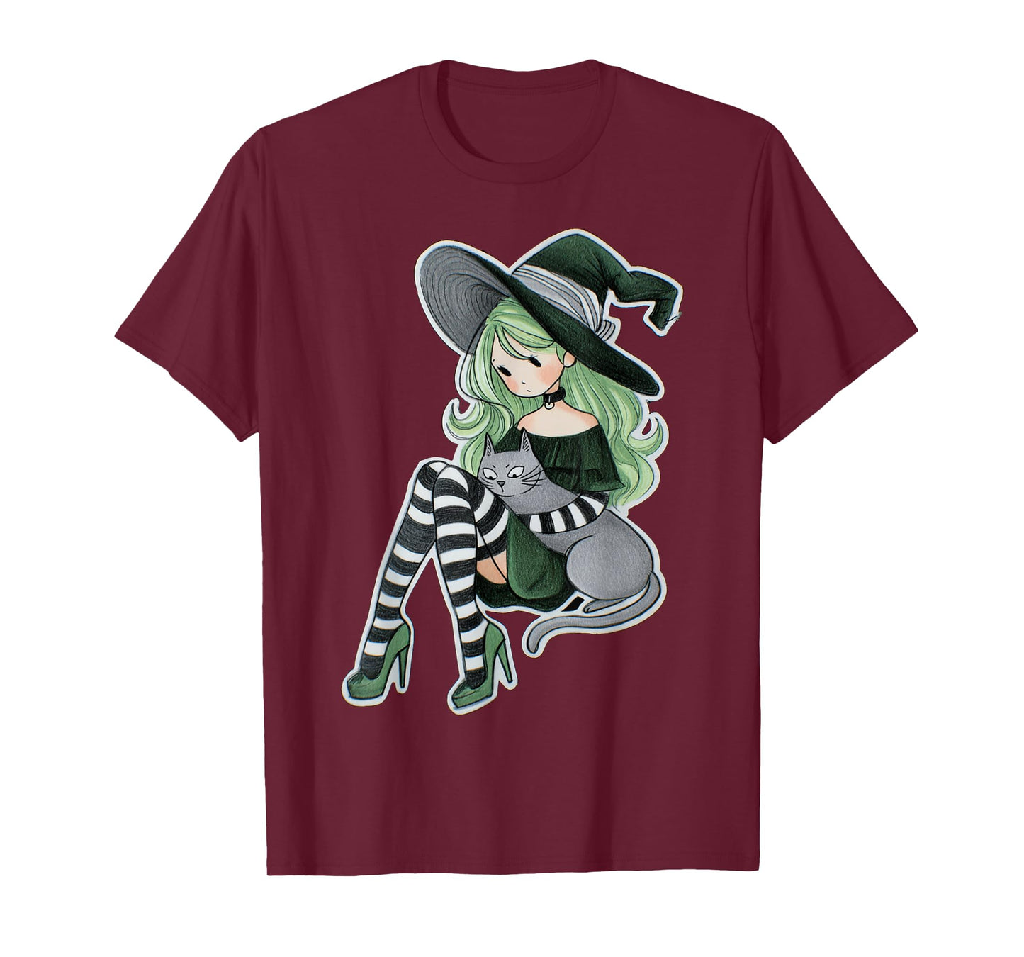 Sexy Witch Green Hair Black White Stockings Cat Halloween T-Shirt