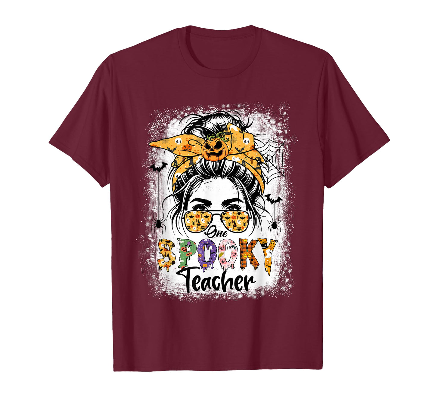 One Spooky Teacher for Halloween Messy Bun Mom Bleached T-Shirt