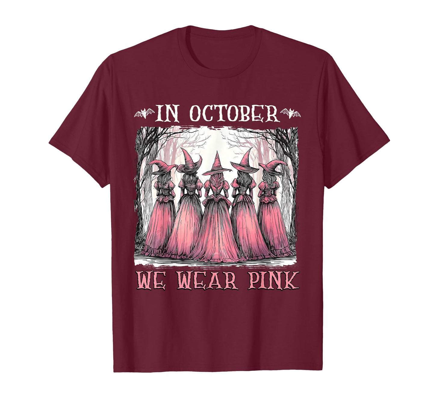 in October We Wear Pink Witch Halloween Breast Cancer T-Shirt