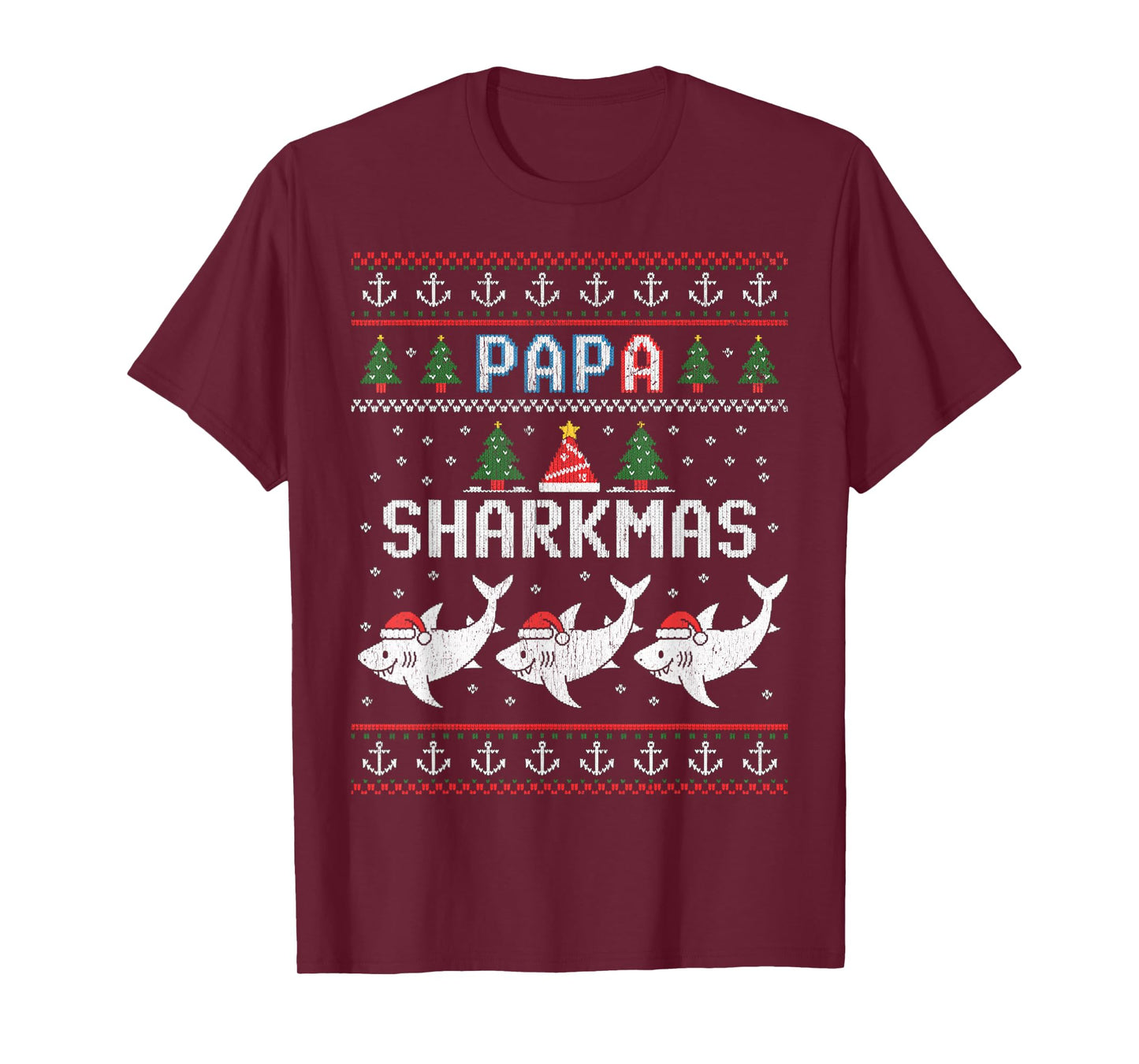 Papa Sharkmas Funny Shark Santa Hat Ugly Christmas Sweater T-Shirt