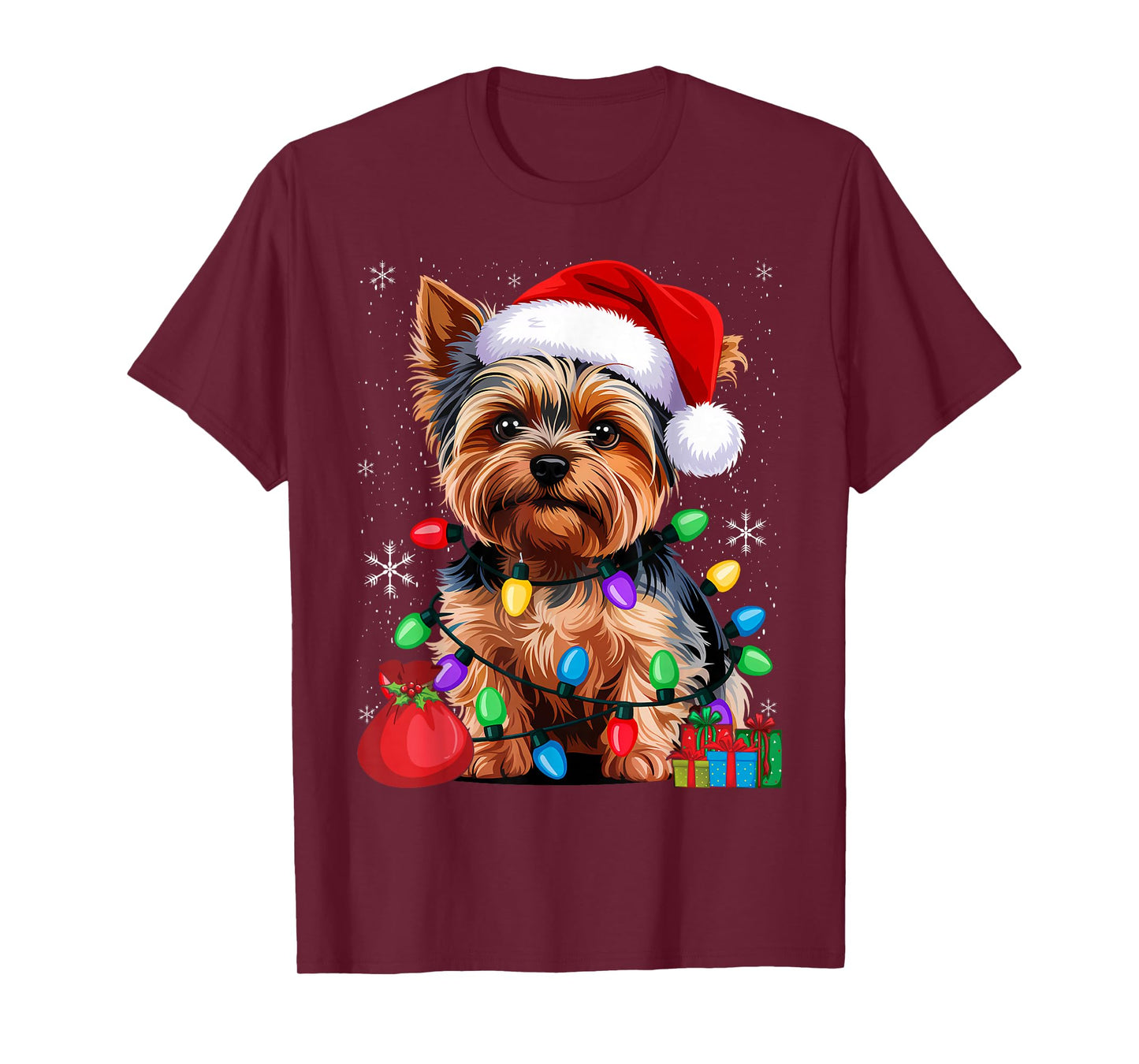 Yorkshire Christmas Yorkie Dog Santa Hat Lights T-Shirt