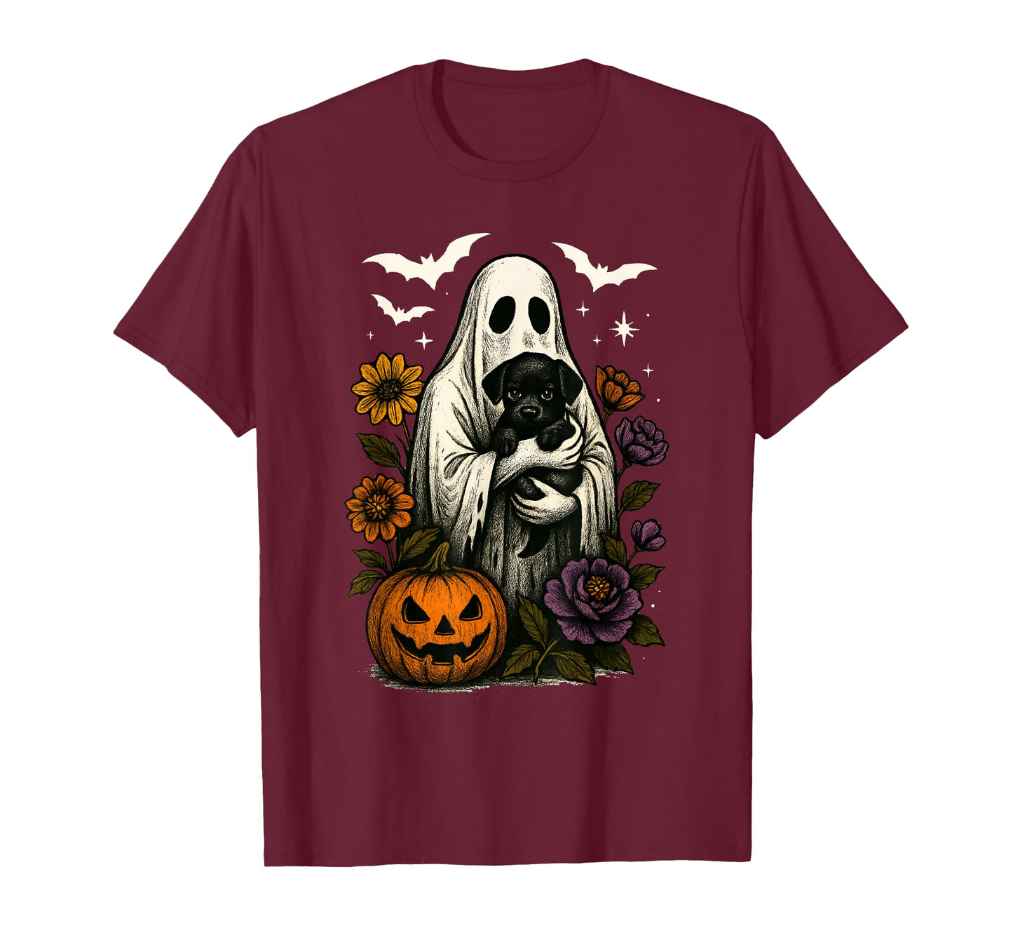 Floral Ghost Black Dog Coquette Funny Halloween Design T-Shirt