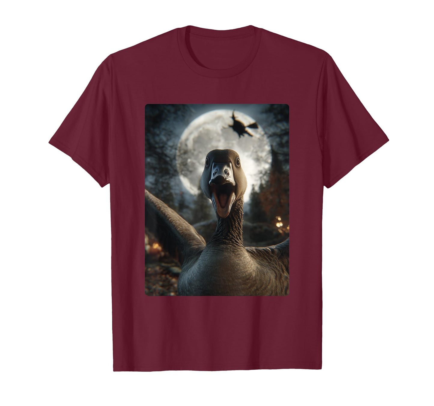 Funny Goose Selfie Full Moon Flying Witch Forest Halloween T-Shirt