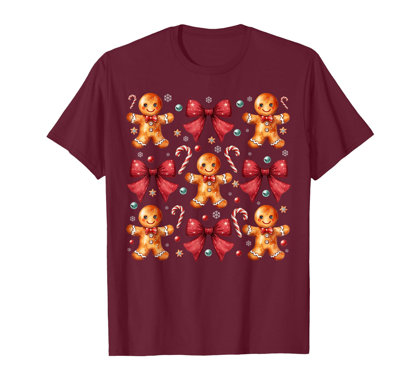 Cute Gingerbread Man Coquette Red Bow Xmas Cookie Women Girl T-Shirt