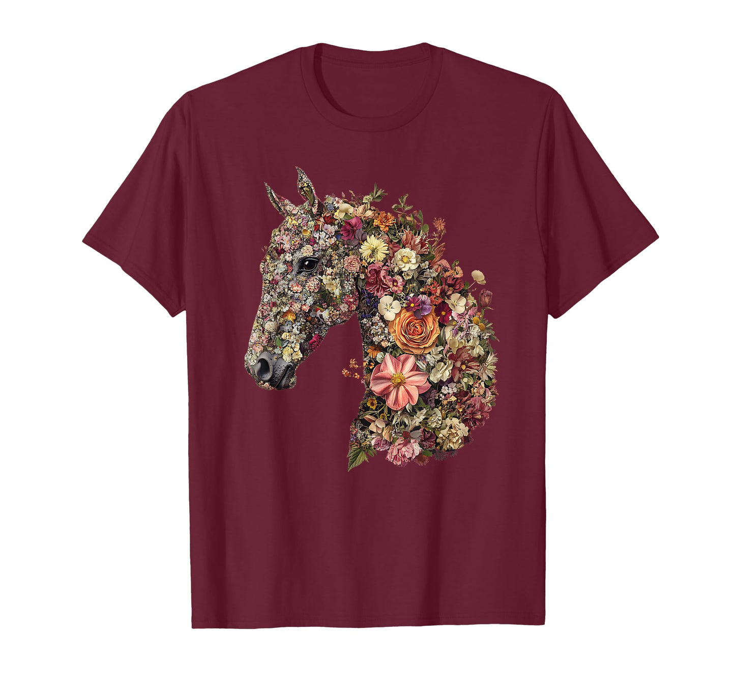 Horse Lover Gifts Floral Horse T-Shirt - Unisex-Adult, Classic Fit, Black, Small, Short Sleeve, Cotton Blend, Floral Pattern