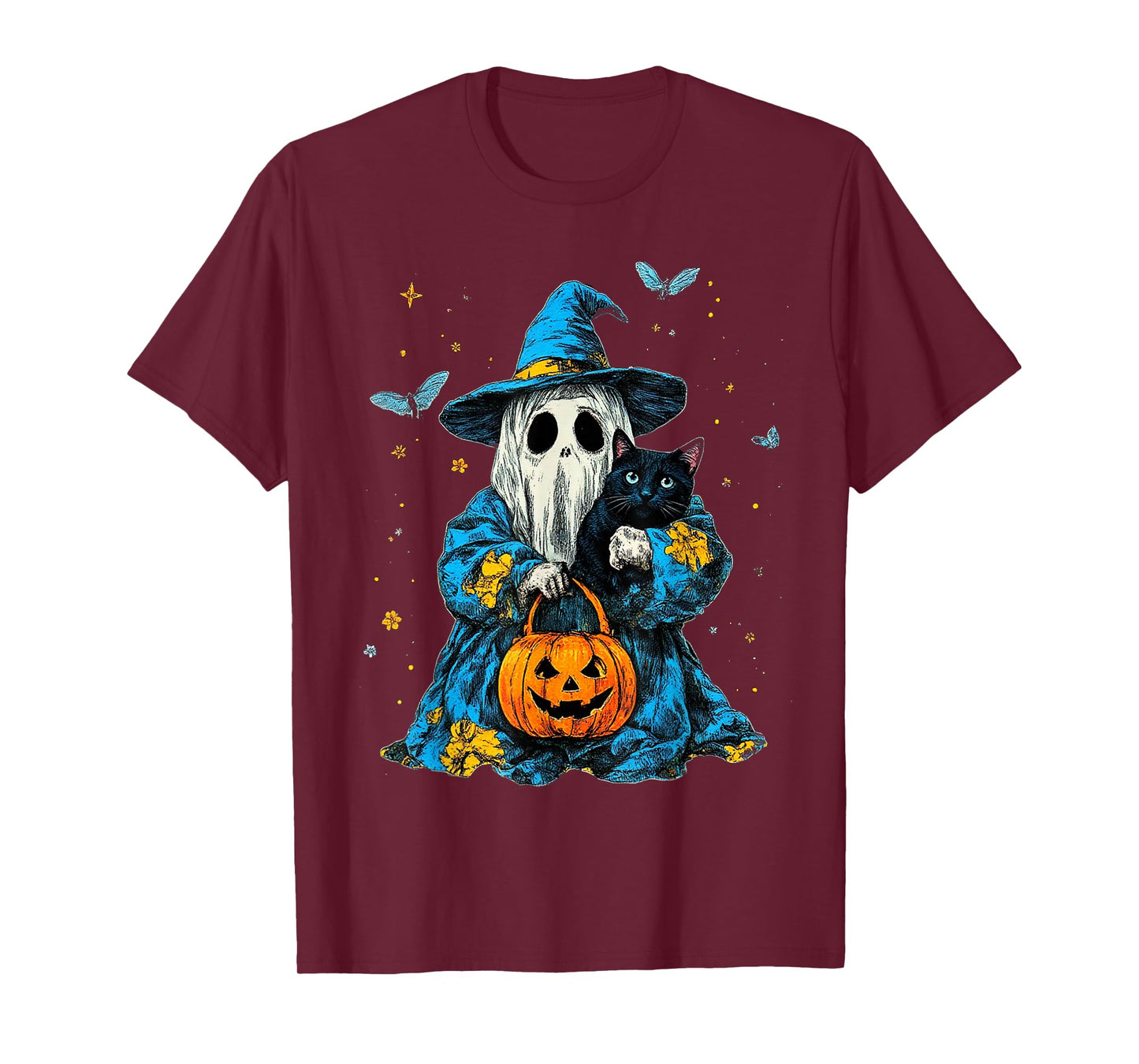 Cute Ghost and Black Cat Boo Groovy Floral Halloween 2025 T-Shirt