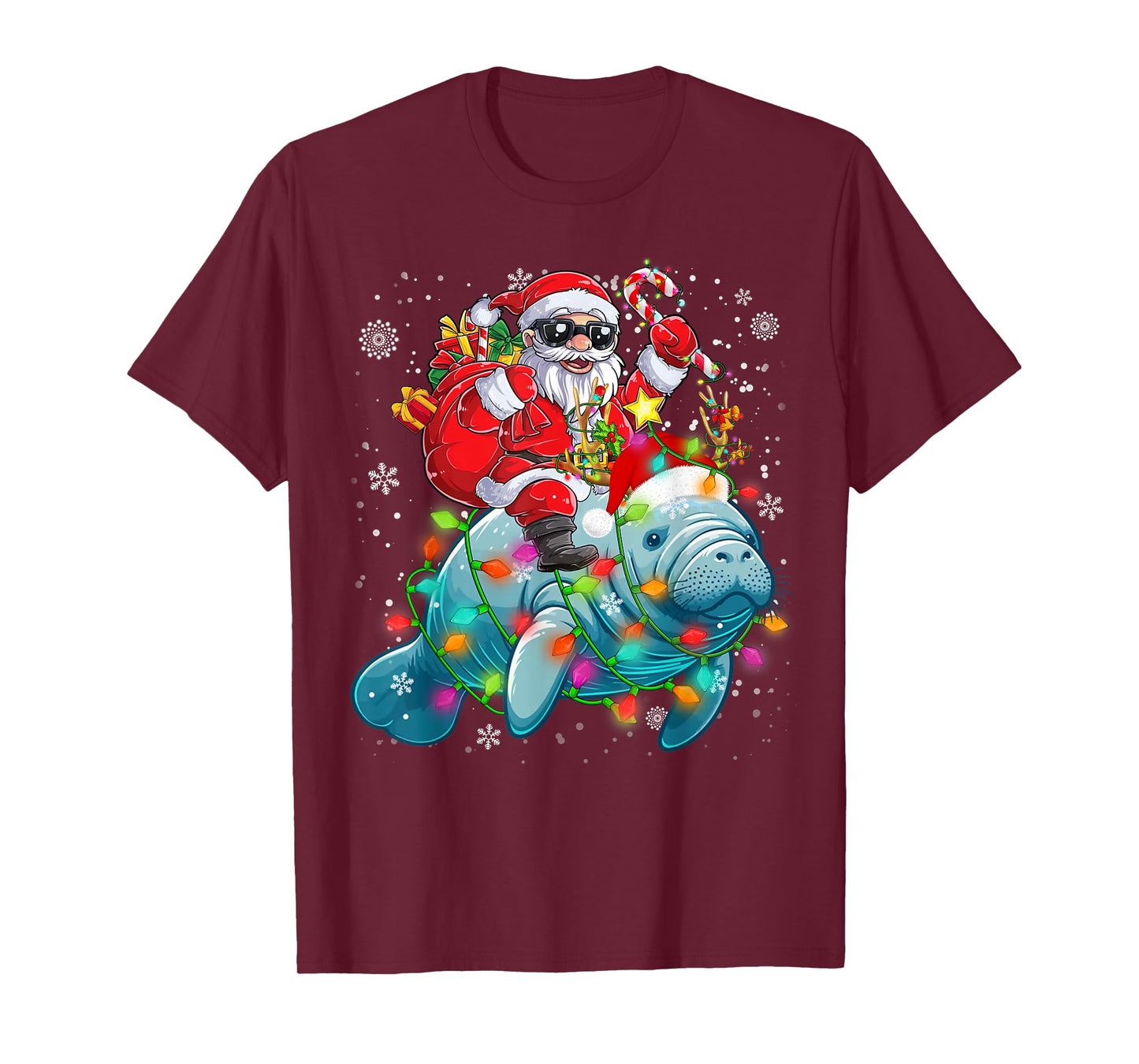 Santa Riding Manatee Reindeer Christmas Lights Sea Animal T-Shirt