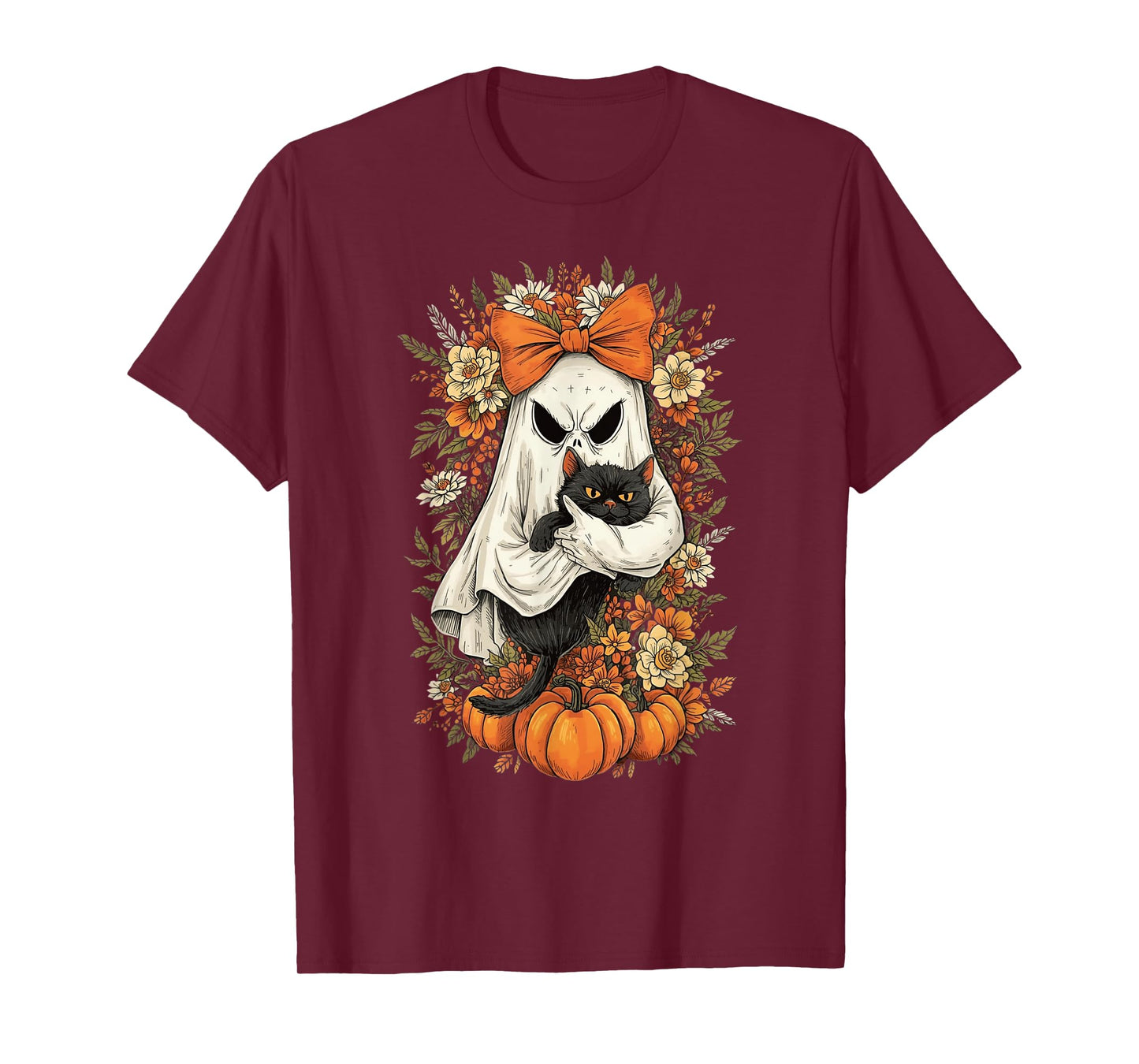 Vintage Halloween Ghost Holding Black Cat Groovy Floral T-Shirt