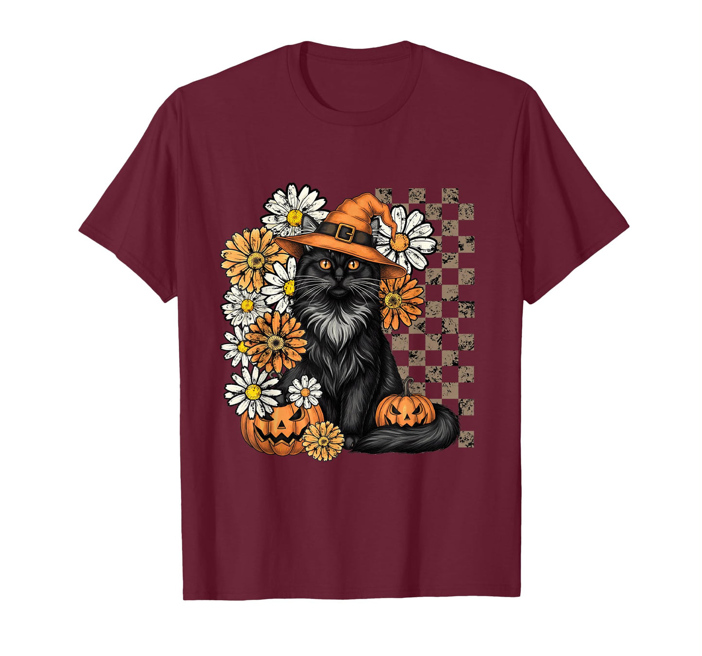 Vintage Halloween Feline Pumpkin Fall Checkerboard T-Shirt