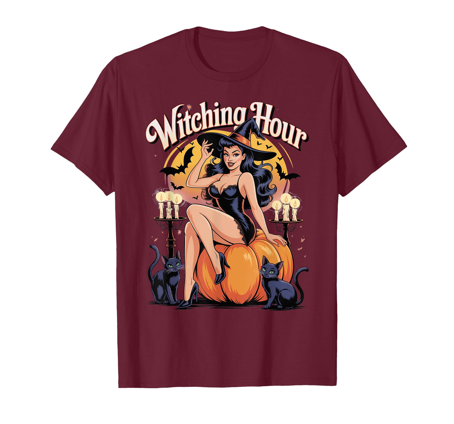 Vintage Halloween Witch Pin Up Girl Sexy Pumpkin Black Cat T-Shirt