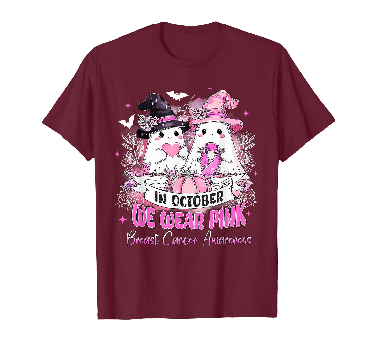 in October We Wear Pink Ghost Witch Breast Cancer Awareness T-Shirt