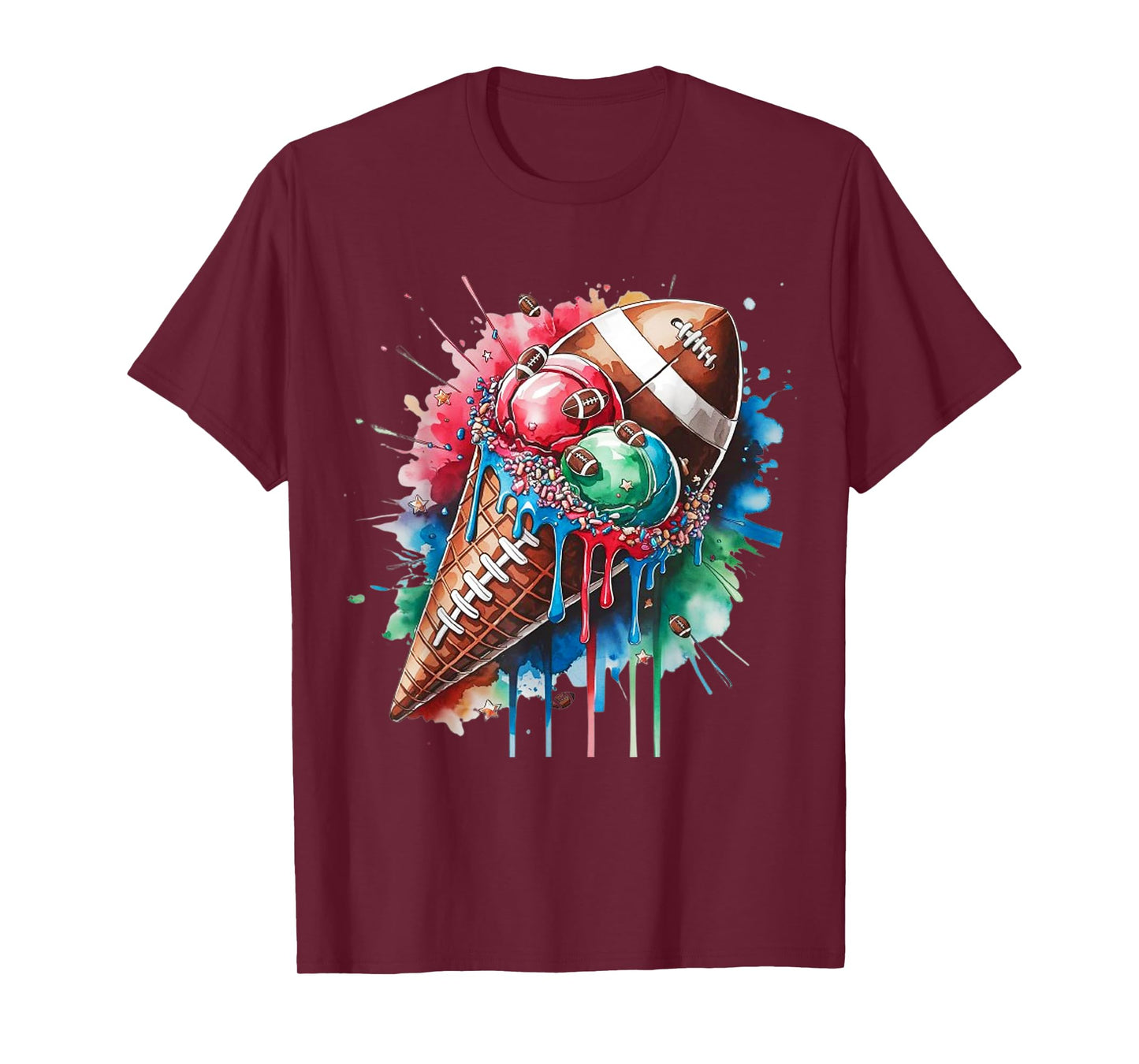 Football Drip Ice Cream Watercolor Cone with Sprinkles T-Shirt