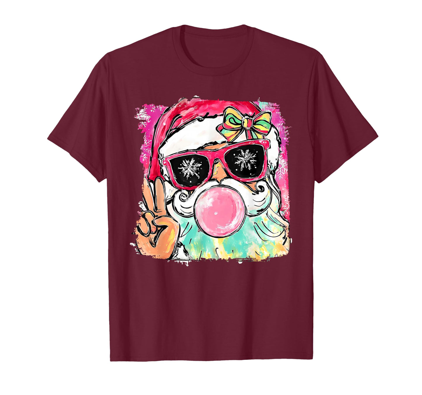 Vintage Santa Blowing Bubble Gum Coquette Bow Christmas T-Shirt