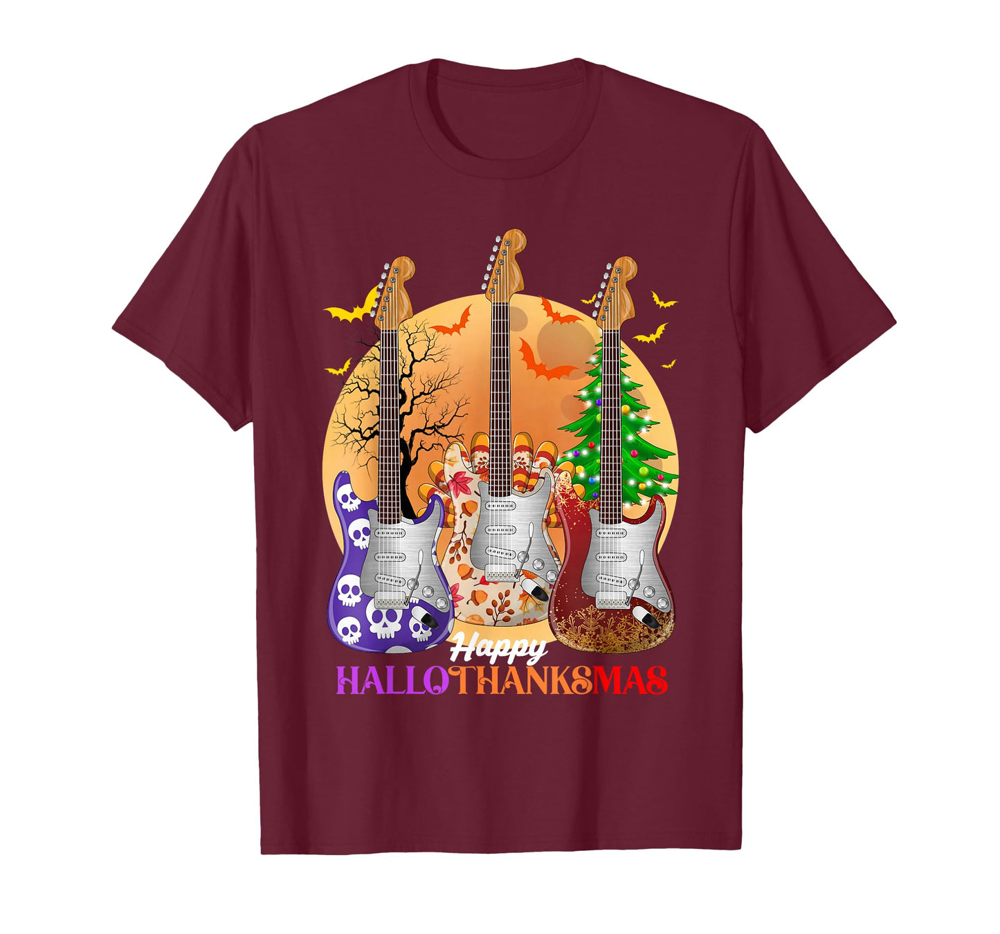 Happy HalloThanksMas Guitar Halloween Thanksgiving Christmas T-Shirt