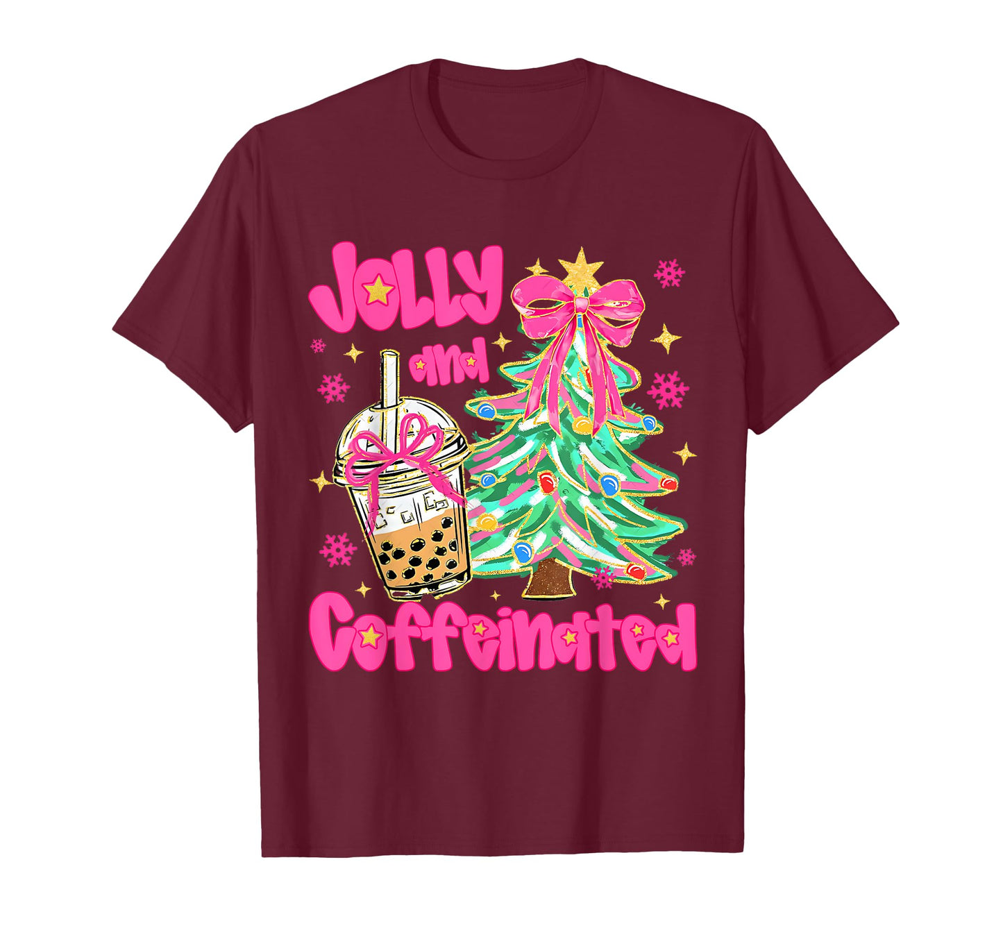 Jolly & Caffeinated Coffee Coquette Bow Xmas Tree Christmas T-Shirt