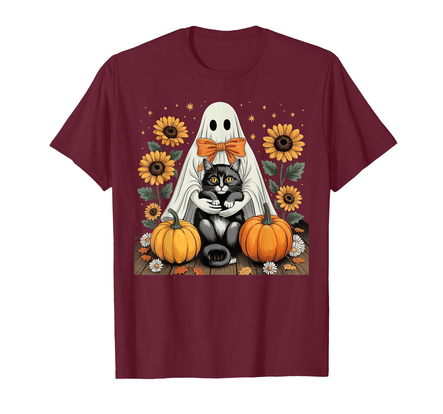 Womens Halloween Ghost Black Cat Ghost Halloween Girls T-Shirt