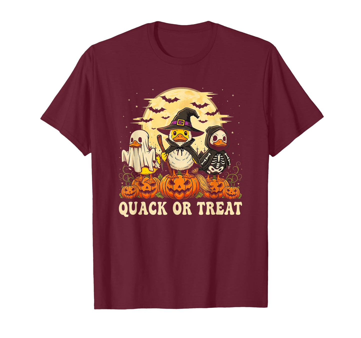 Quack Or Treat Funny Duck Halloween Witch Ghost & Skeleton T-Shirt