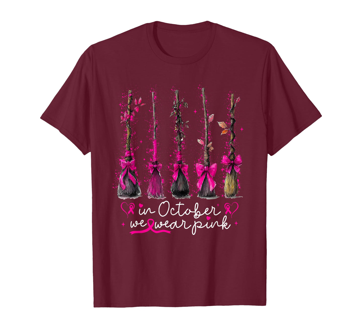 in October We Wear Pink Witches Brooms Spooky Breast Cancer T-Shirt