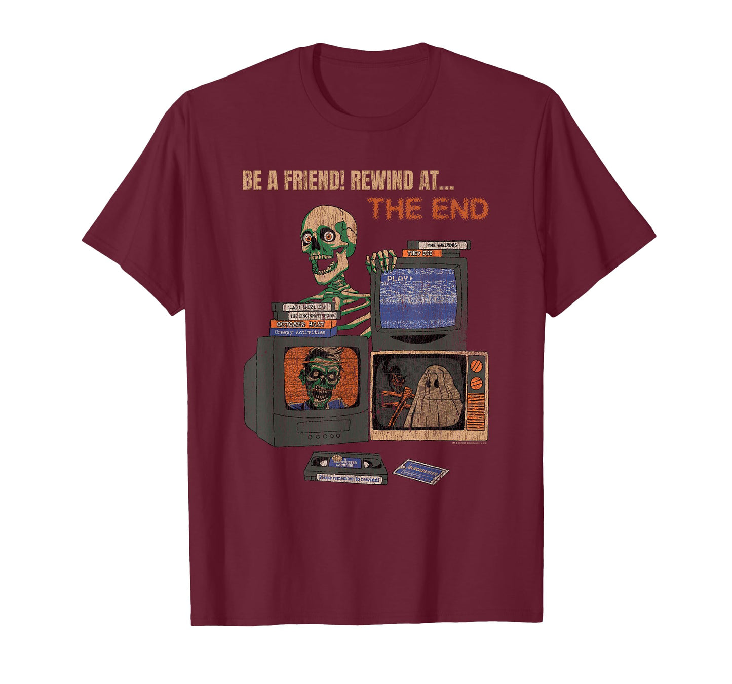 Blockbuster Rewind At the End Horror Movie Skeleton Vintage T-Shirt