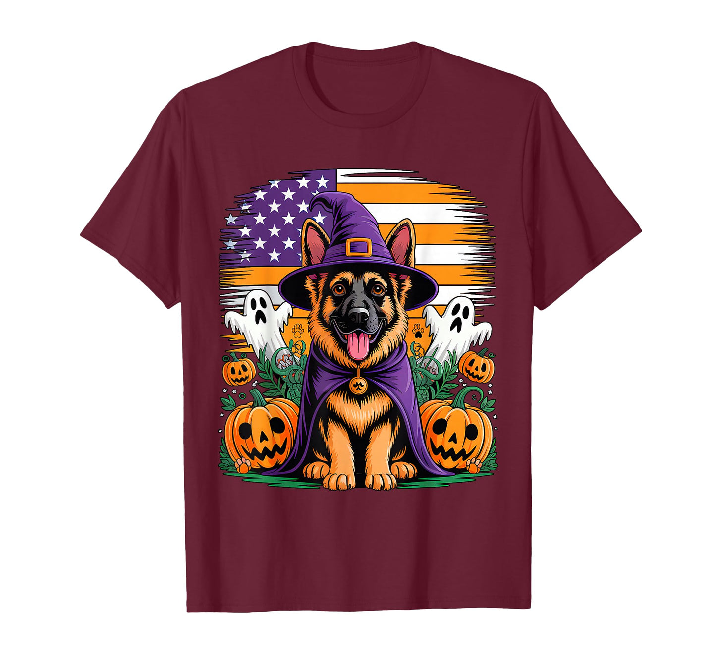 German Shepherd Cosplay Witch Halloween Owner Horror US Flag T-Shirt