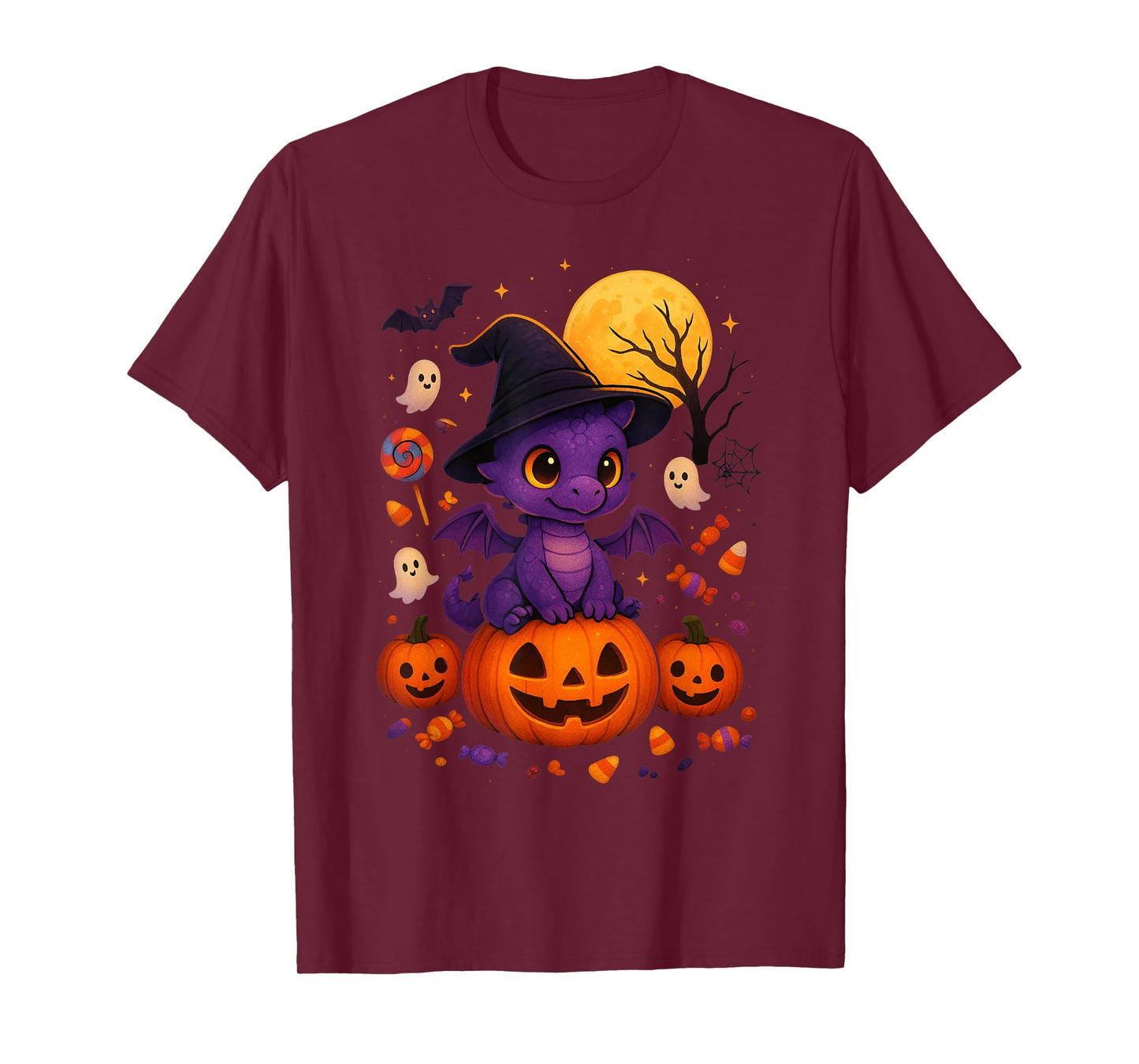 Cute Halloween Dragon Witch Hat Pumpkin Moon Fantasy T-Shirt