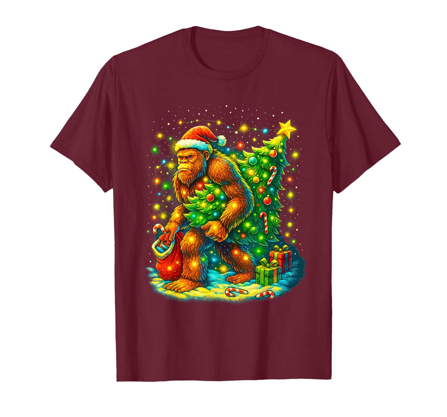 Santa Bigfoot Christmas Tree Funny Sasquatch Xmas Lights T-Shirt
