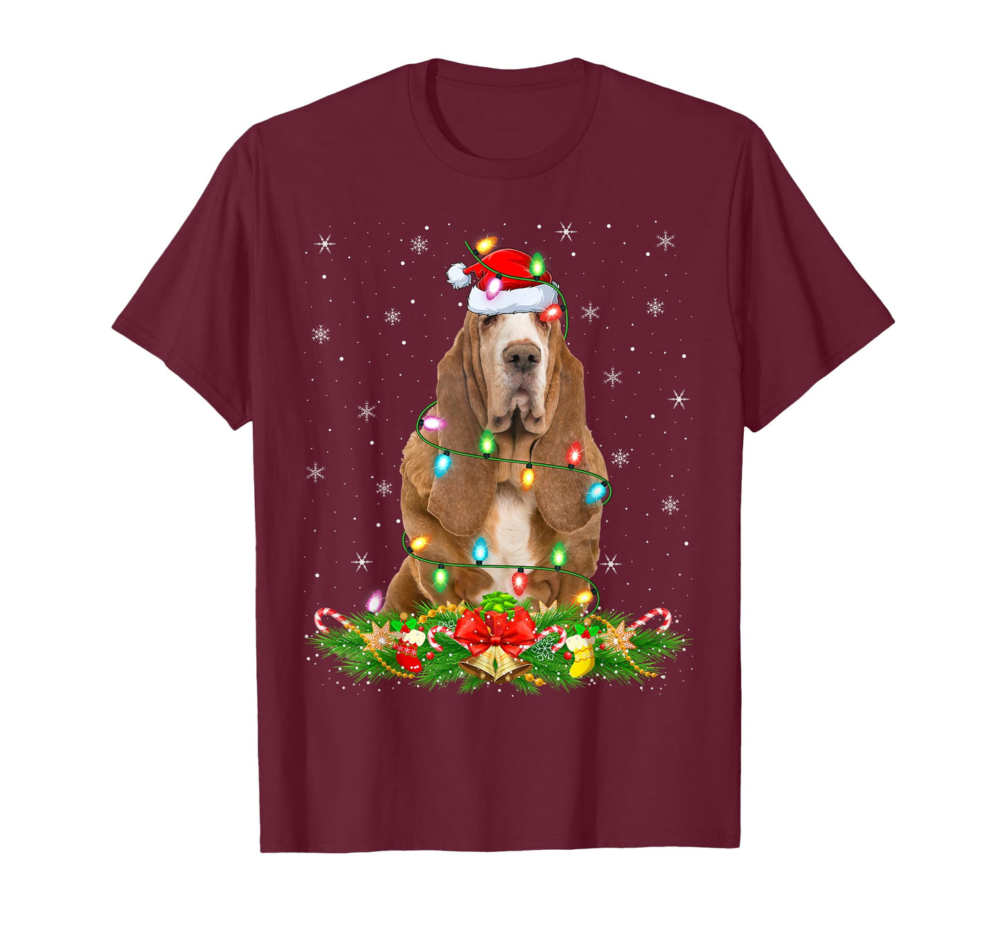 Basset Hound Dog Christmas Lights Funny Santa Hat Xmas T-Shirt