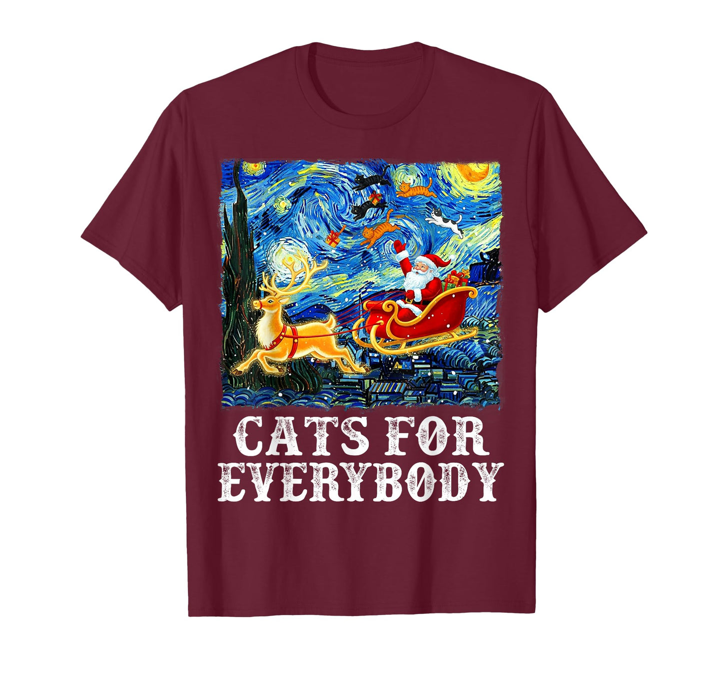 Cats for Everybody Funny Santa Reindeer Starry Night Xmas T-Shirt