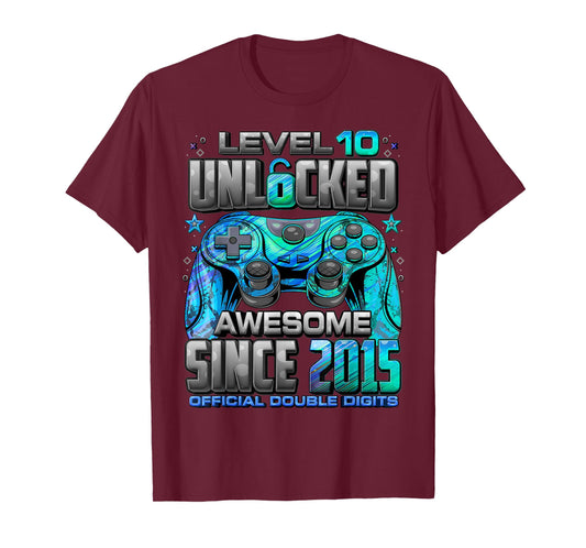 Level 10 Unlocked Awesome Since 2015 10th Birthday Gaming T-Shirt